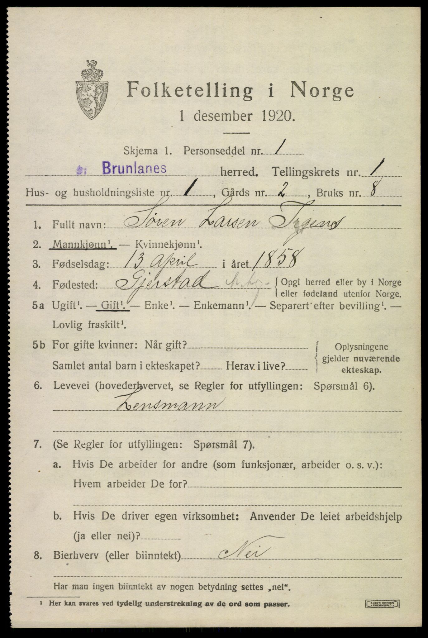 SAKO, 1920 census for Brunlanes, 1920, p. 1963