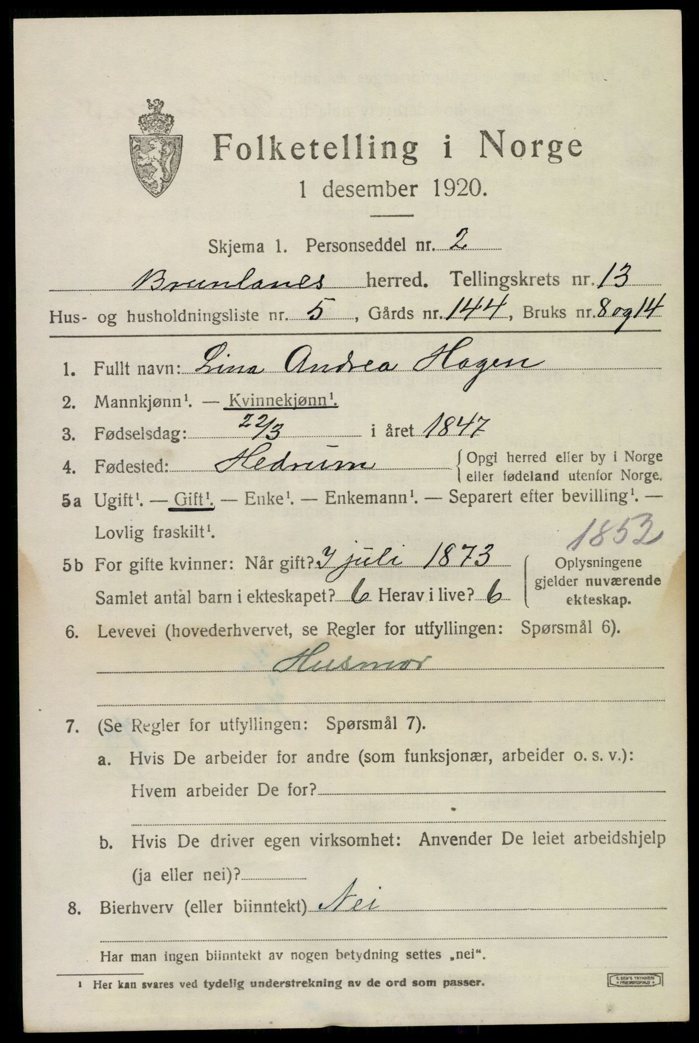 SAKO, 1920 census for Brunlanes, 1920, p. 10831