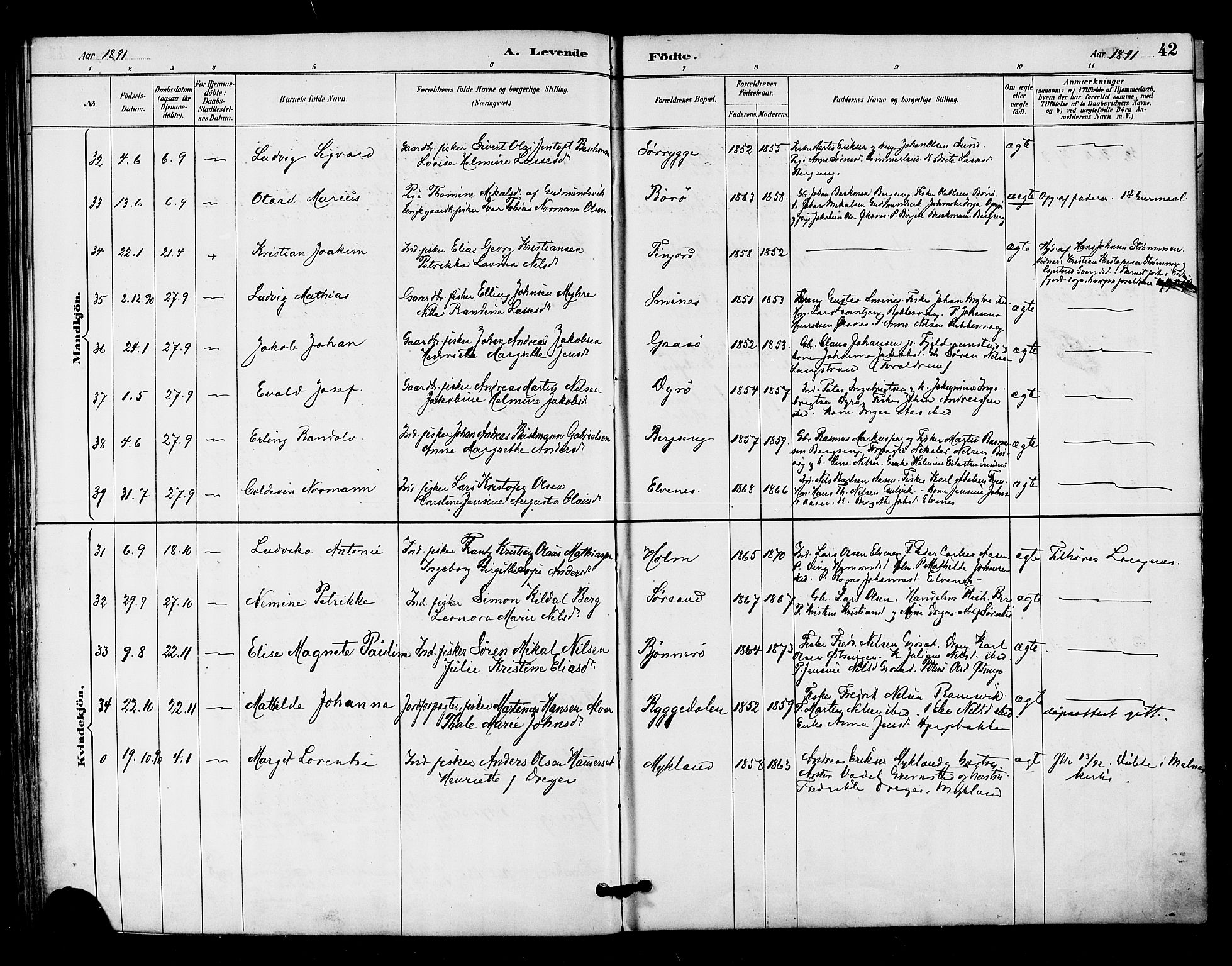 Ministerialprotokoller, klokkerbøker og fødselsregistre - Nordland, AV/SAT-A-1459/893/L1337: Parish register (official) no. 893A09, 1885-1893, p. 42