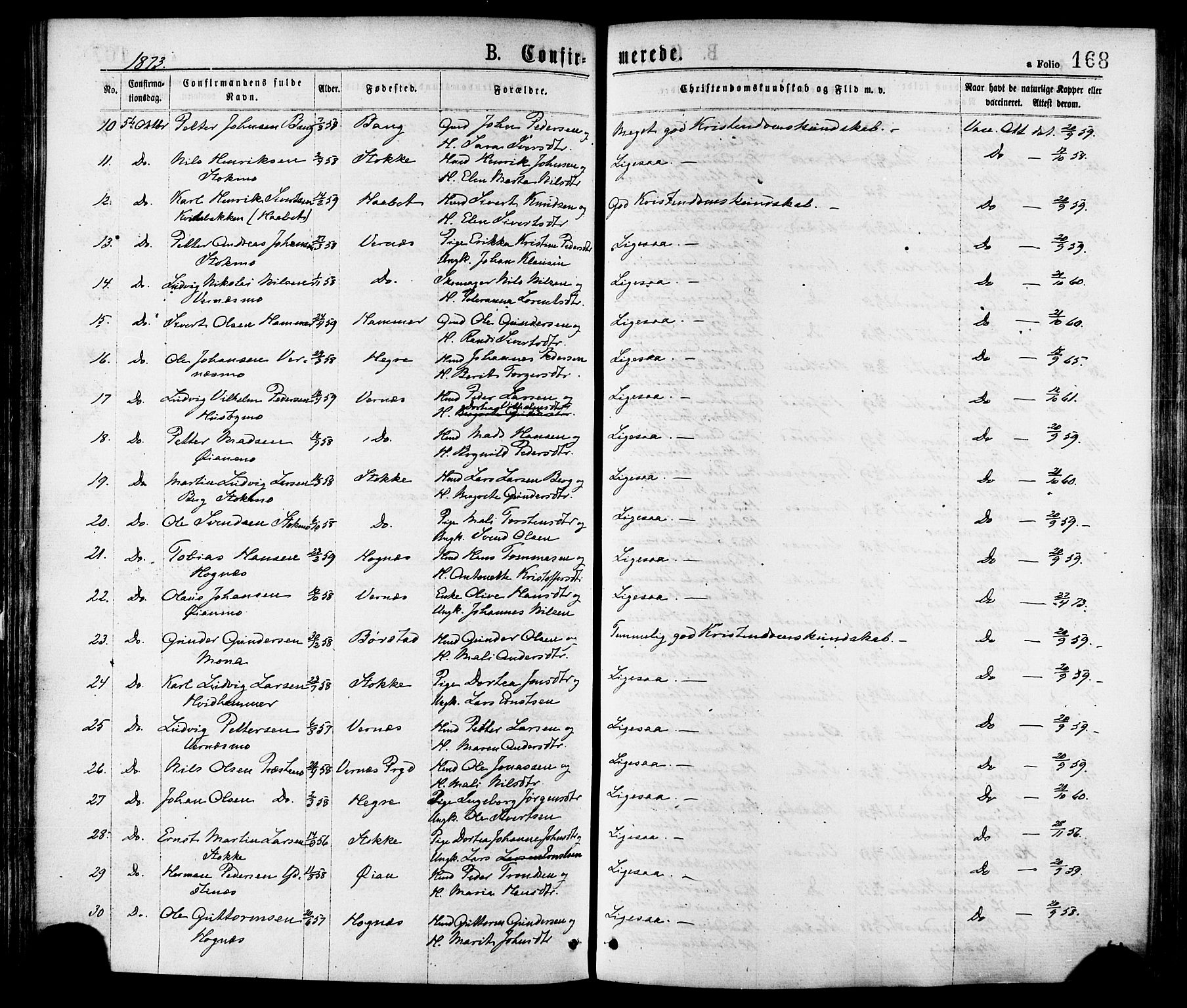 Ministerialprotokoller, klokkerbøker og fødselsregistre - Nord-Trøndelag, AV/SAT-A-1458/709/L0076: Parish register (official) no. 709A16, 1871-1879, p. 168