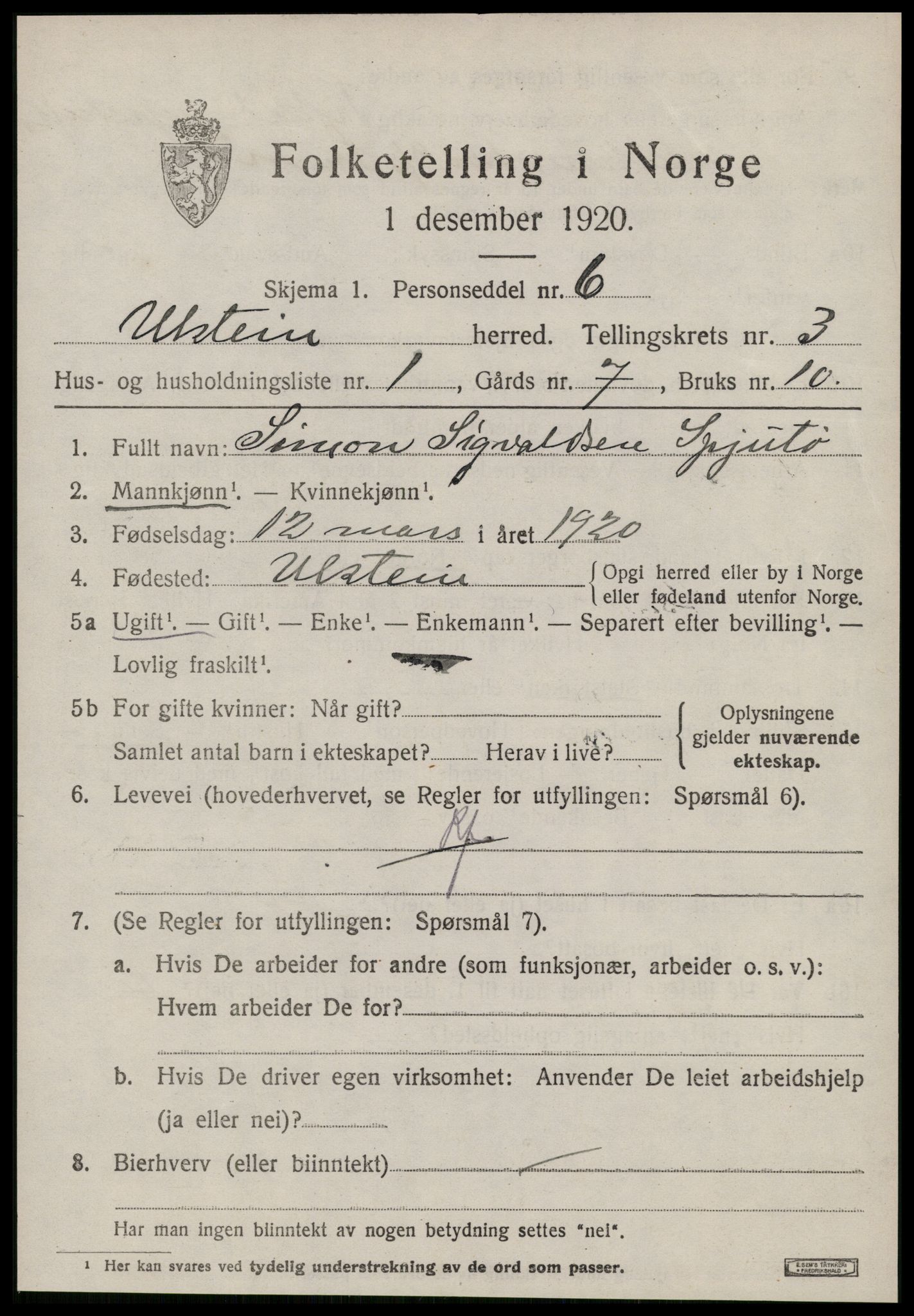 SAT, 1920 census for Ulstein, 1920, p. 1634