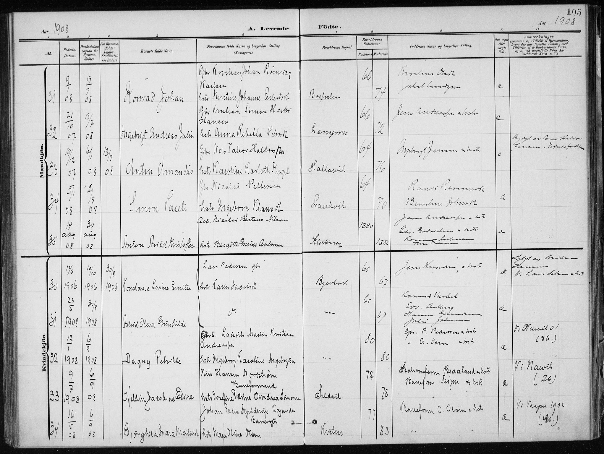 Ministerialprotokoller, klokkerbøker og fødselsregistre - Nordland, AV/SAT-A-1459/866/L0941: Parish register (official) no. 866A04, 1901-1917, p. 105