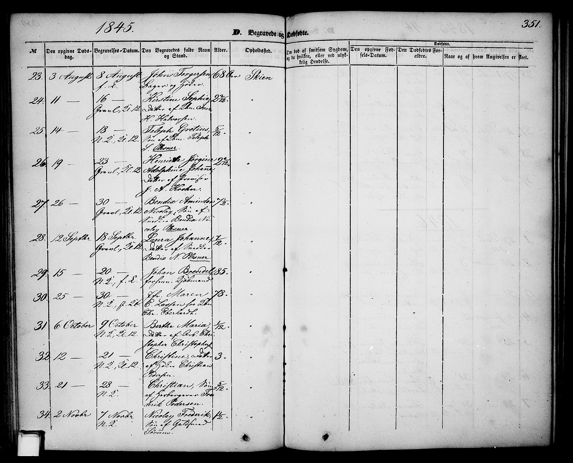 Skien kirkebøker, SAKO/A-302/G/Ga/L0004: Parish register (copy) no. 4, 1843-1867, p. 351