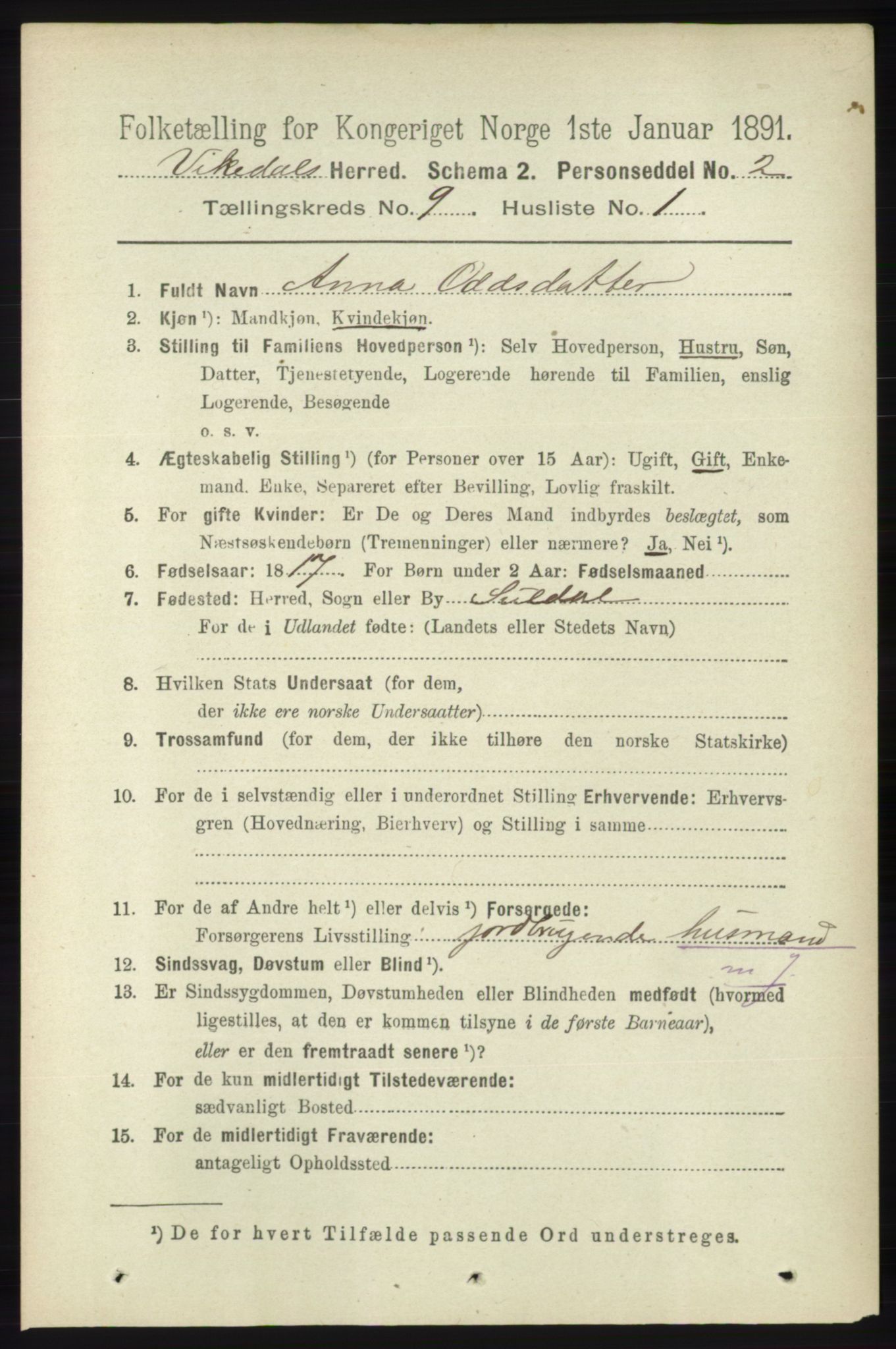 RA, 1891 census for 1157 Vikedal, 1891, p. 2367