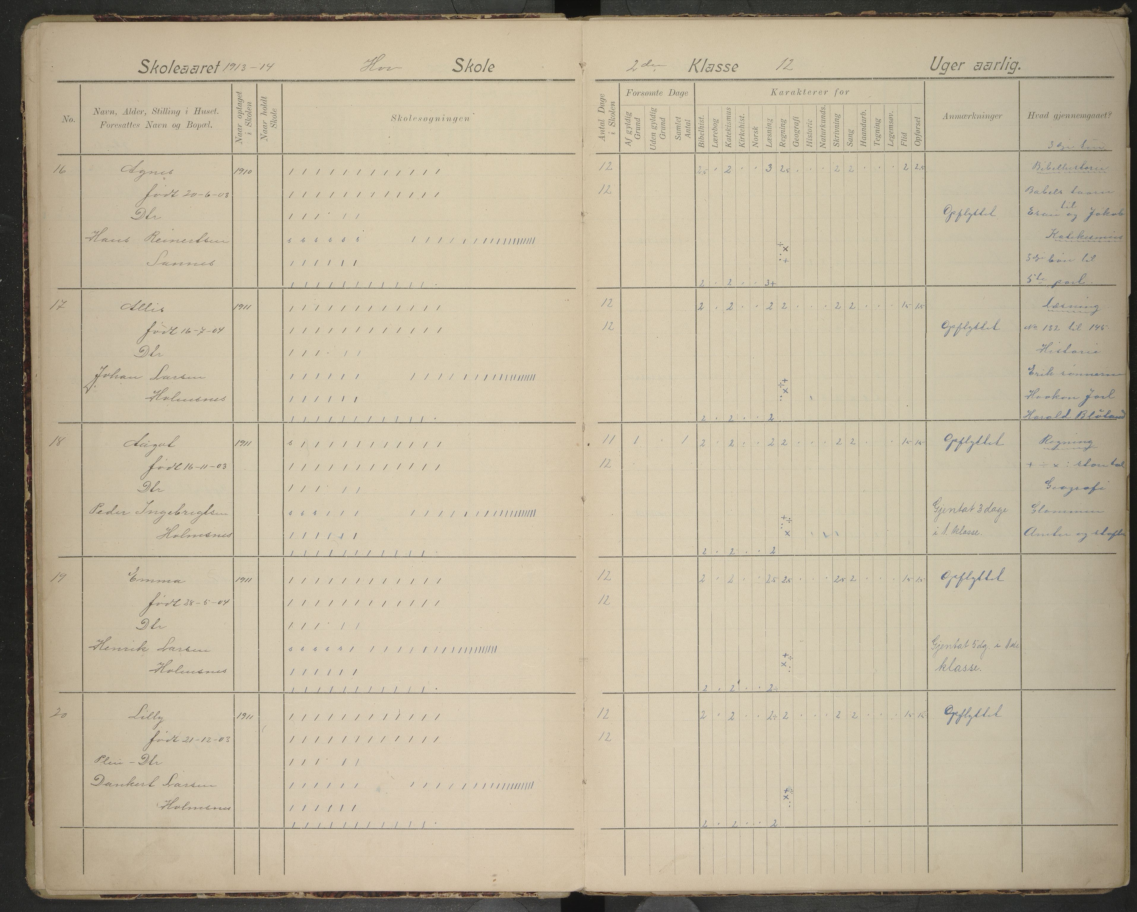 Hadsel kommune. Hov skolekrets, AIN/K-18660.510.55/G/L0004: Skoleprotokoll Hov skole, 1913-1922