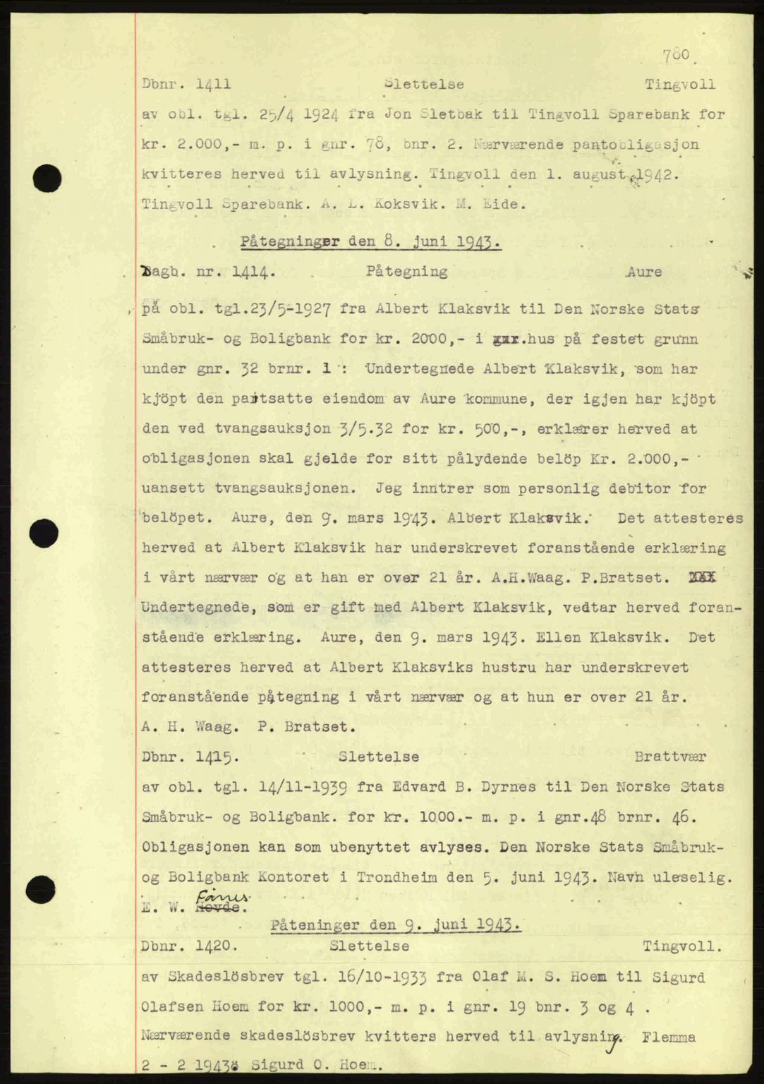 Nordmøre sorenskriveri, AV/SAT-A-4132/1/2/2Ca: Mortgage book no. C81, 1940-1945, Diary no: : 1411/1943