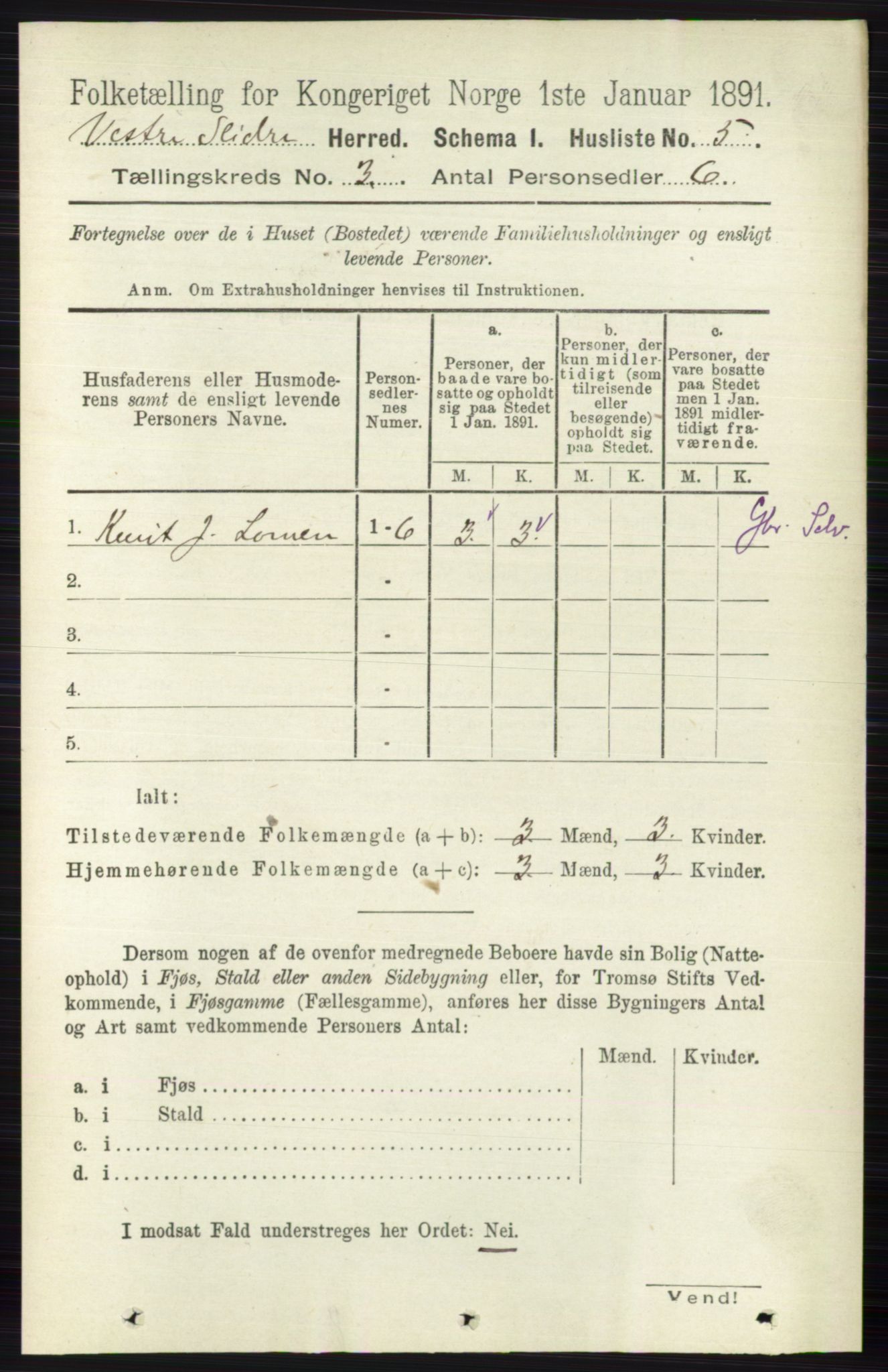 RA, 1891 census for 0543 Vestre Slidre, 1891, p. 768