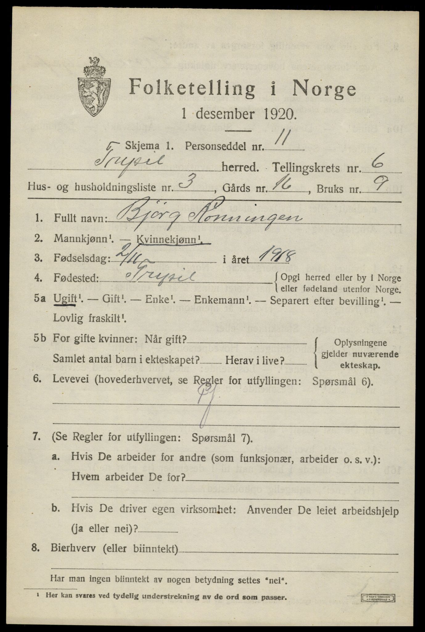 SAH, 1920 census for Trysil, 1920, p. 4587