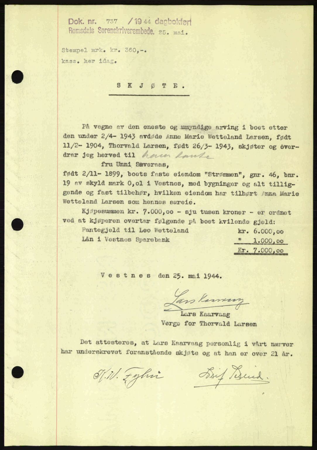 Romsdal sorenskriveri, SAT/A-4149/1/2/2C: Mortgage book no. A16, 1944-1944, Diary no: : 737/1944