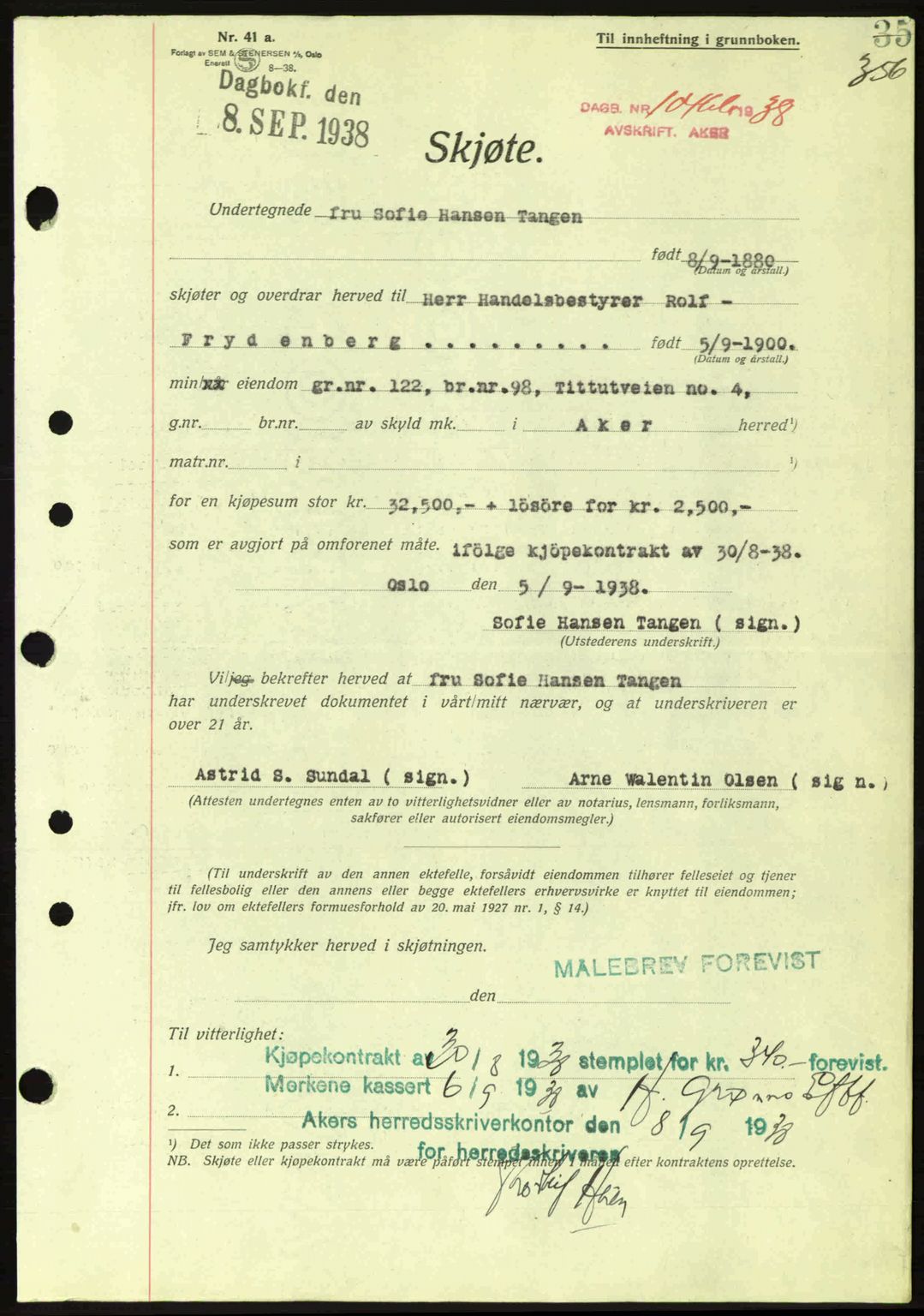 Aker herredsskriveri, SAO/A-10896/G/Gb/Gba/Gbab/L0025: Mortgage book no. A154-155, 1938-1938, Diary no: : 10461/1938