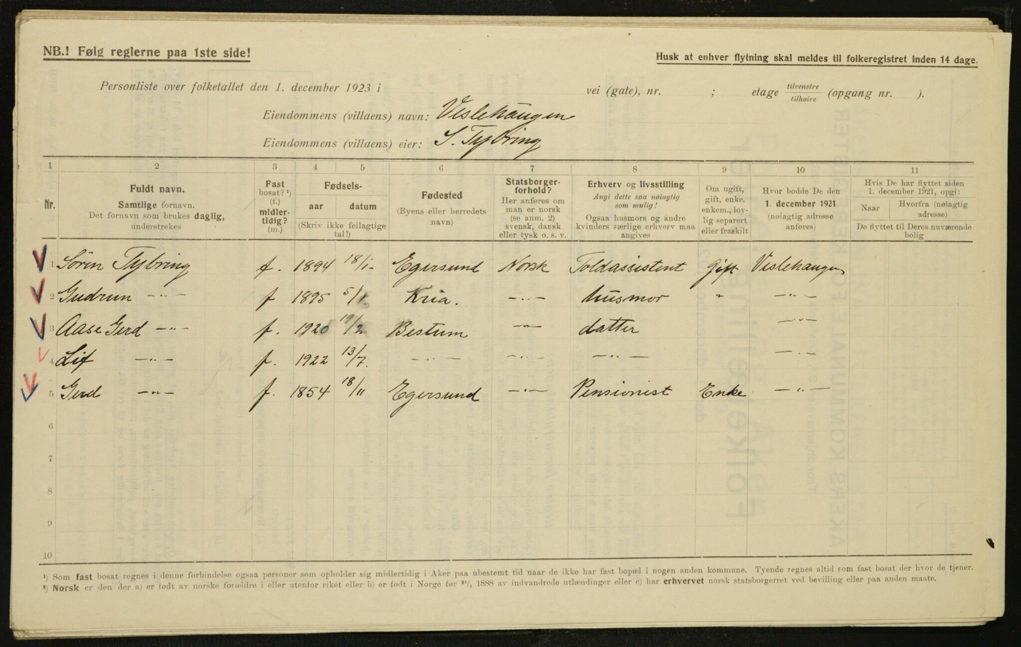 , Municipal Census 1923 for Aker, 1923, p. 11