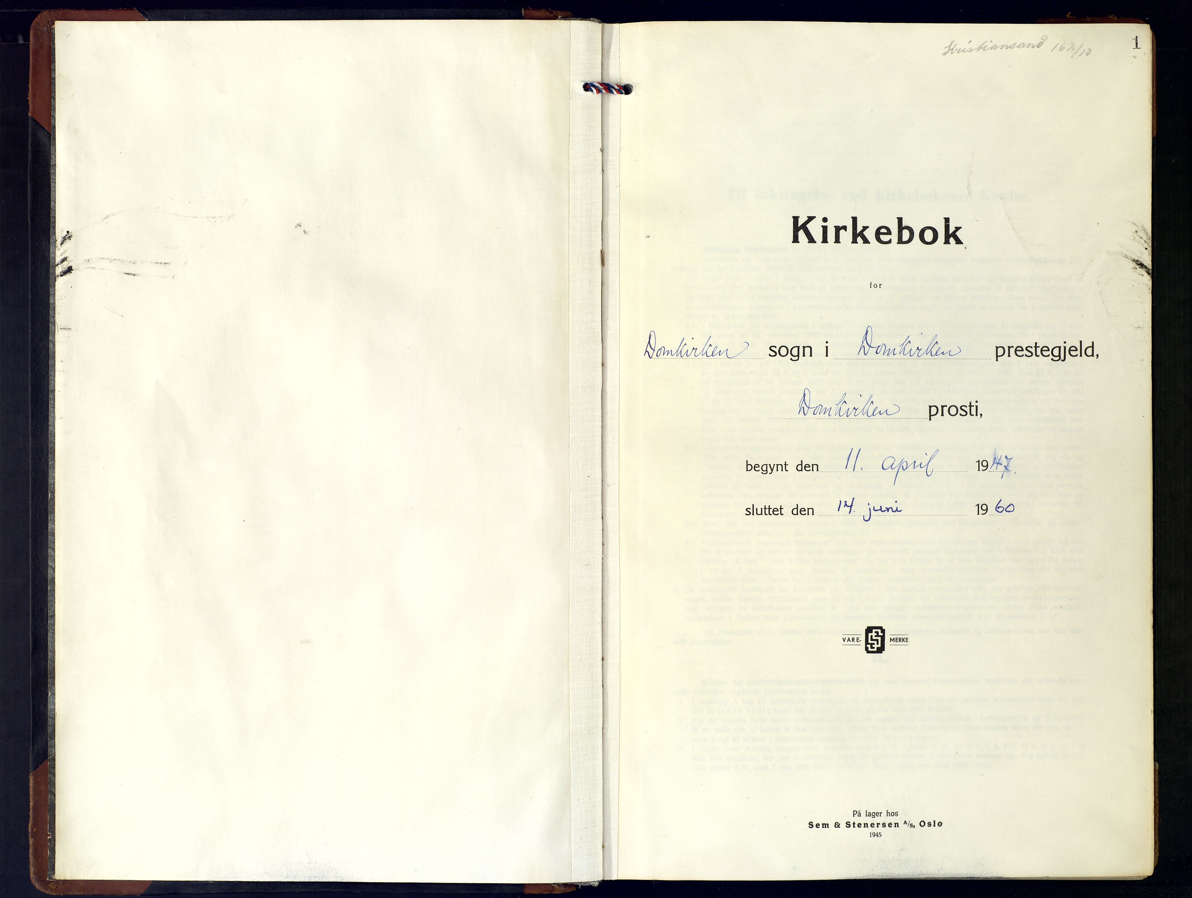 Kristiansand domprosti, SAK/1112-0006/F/Fa/L0038: Parish register (official) no. A-37, 1947-1960, p. 1