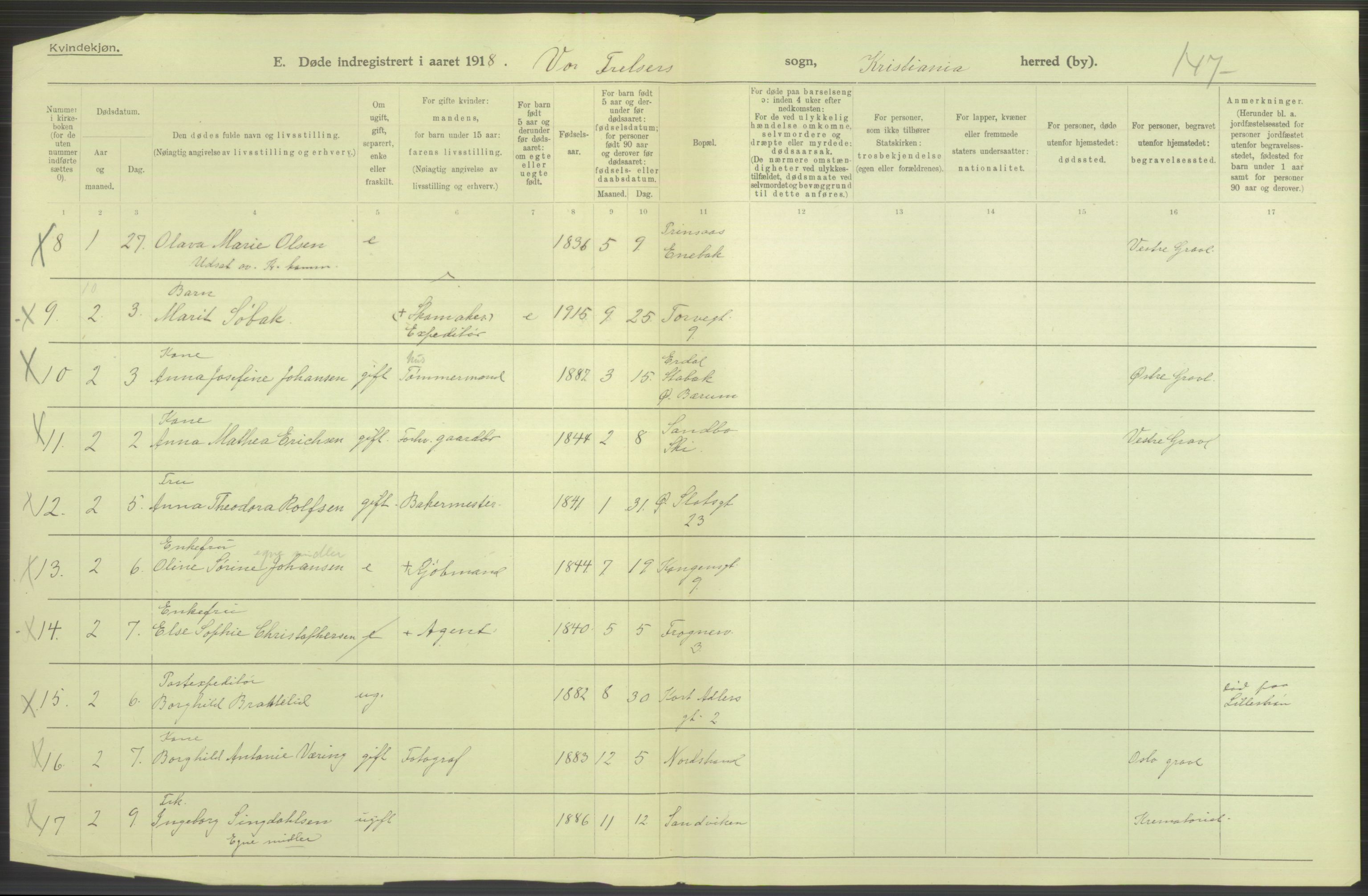 Statistisk sentralbyrå, Sosiodemografiske emner, Befolkning, AV/RA-S-2228/D/Df/Dfb/Dfbh/L0011: Kristiania: Døde, dødfødte, 1918, p. 122