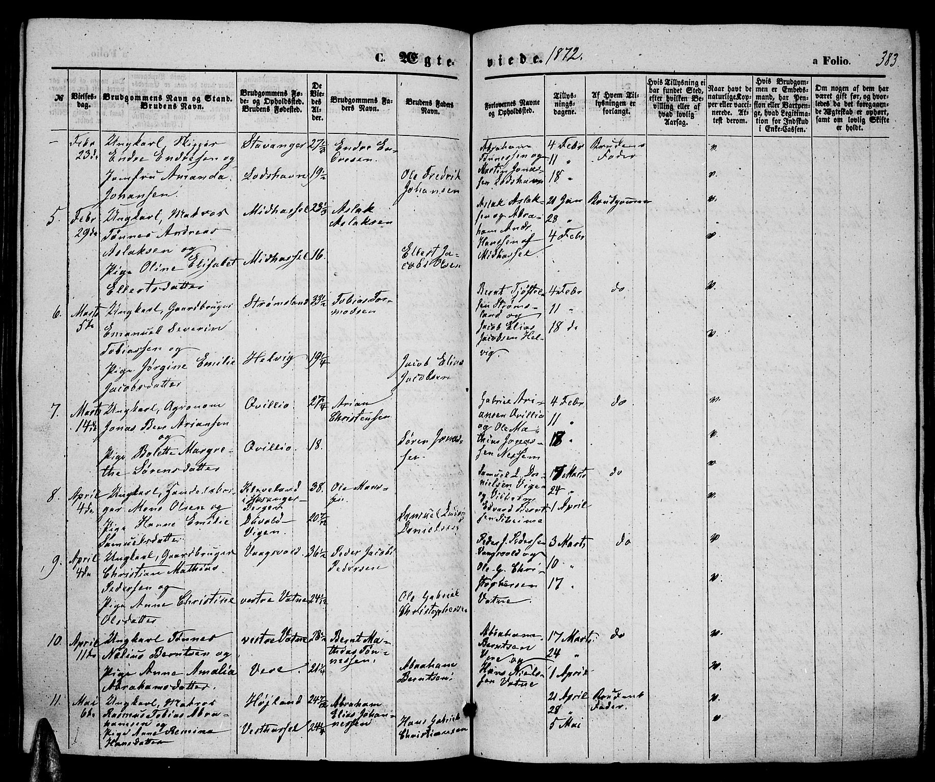 Lista sokneprestkontor, SAK/1111-0027/F/Fb/L0003: Parish register (copy) no. B 3, 1862-1877, p. 383