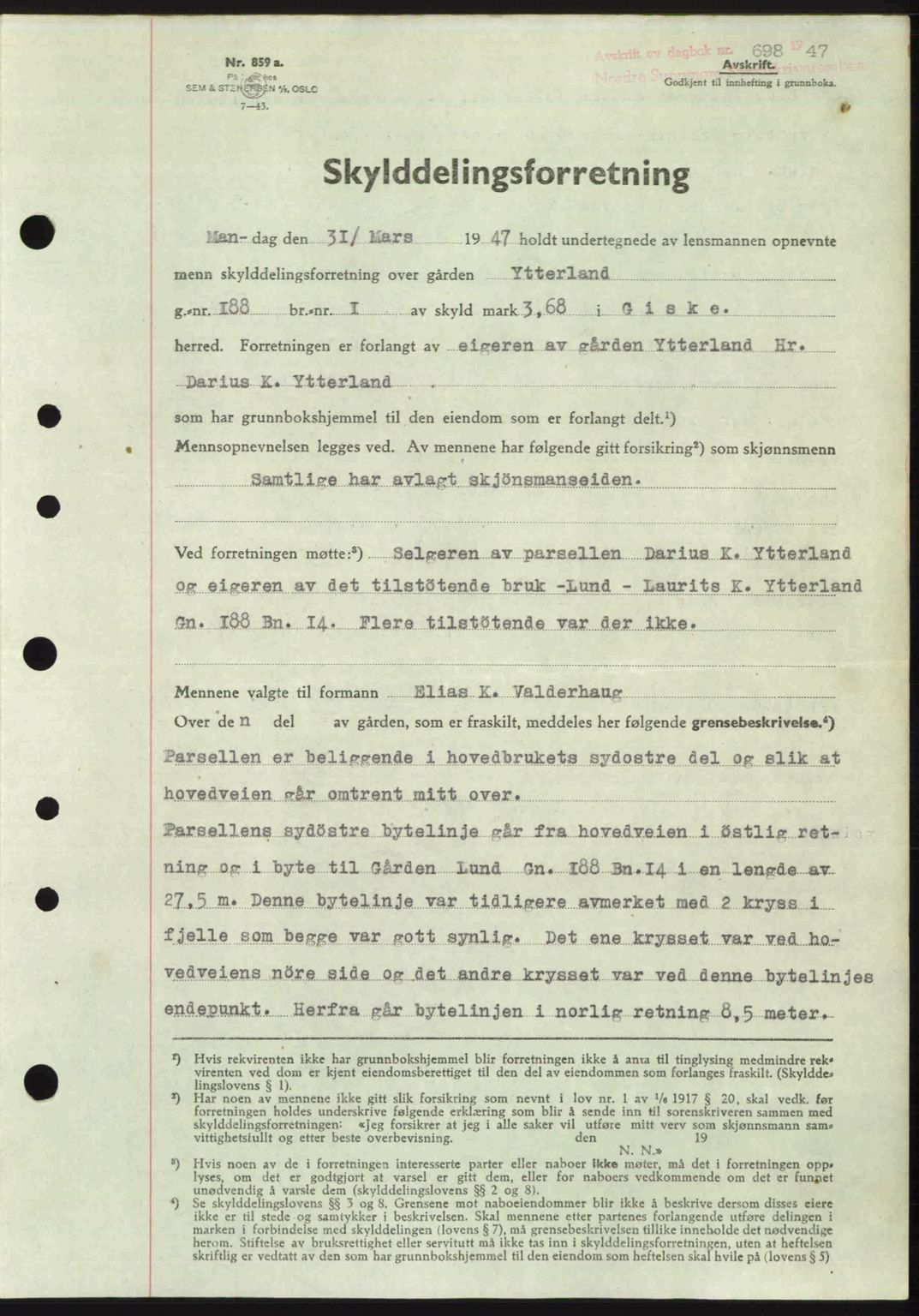 Nordre Sunnmøre sorenskriveri, AV/SAT-A-0006/1/2/2C/2Ca: Mortgage book no. A24, 1947-1947, Diary no: : 698/1947