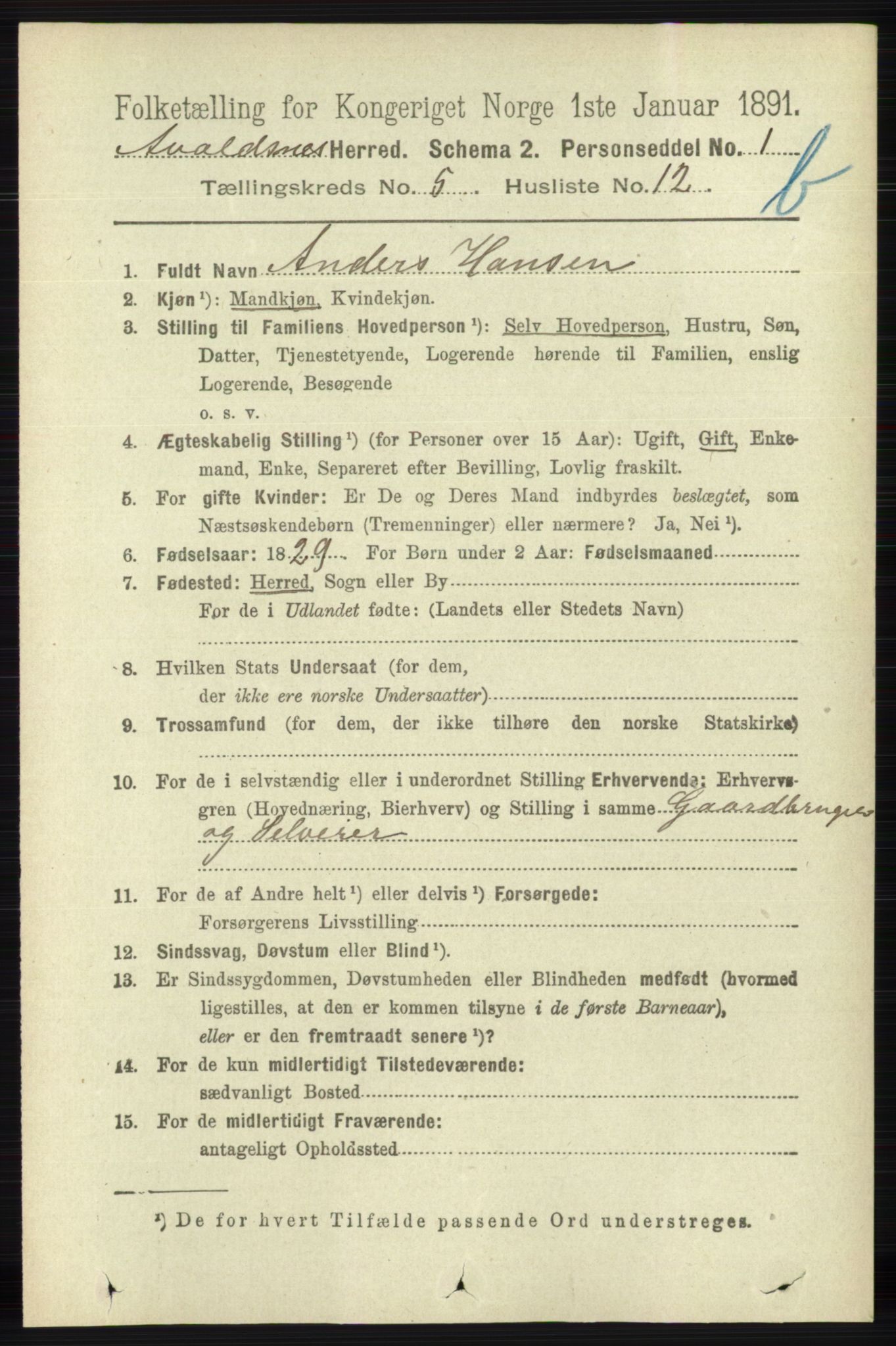 RA, 1891 census for 1147 Avaldsnes, 1891, p. 3079