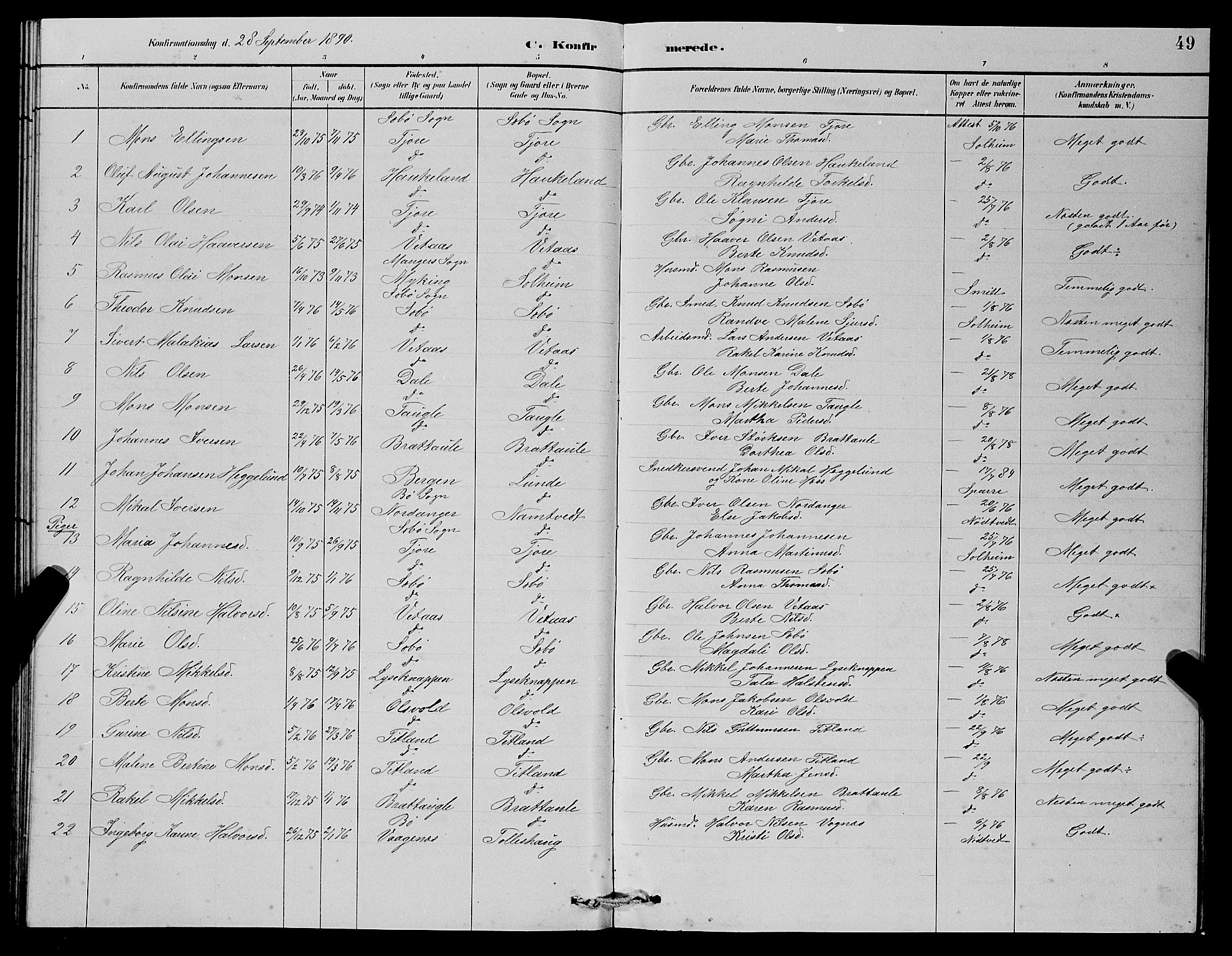 Manger sokneprestembete, SAB/A-76801/H/Hab: Parish register (copy) no. D 2, 1883-1894, p. 49