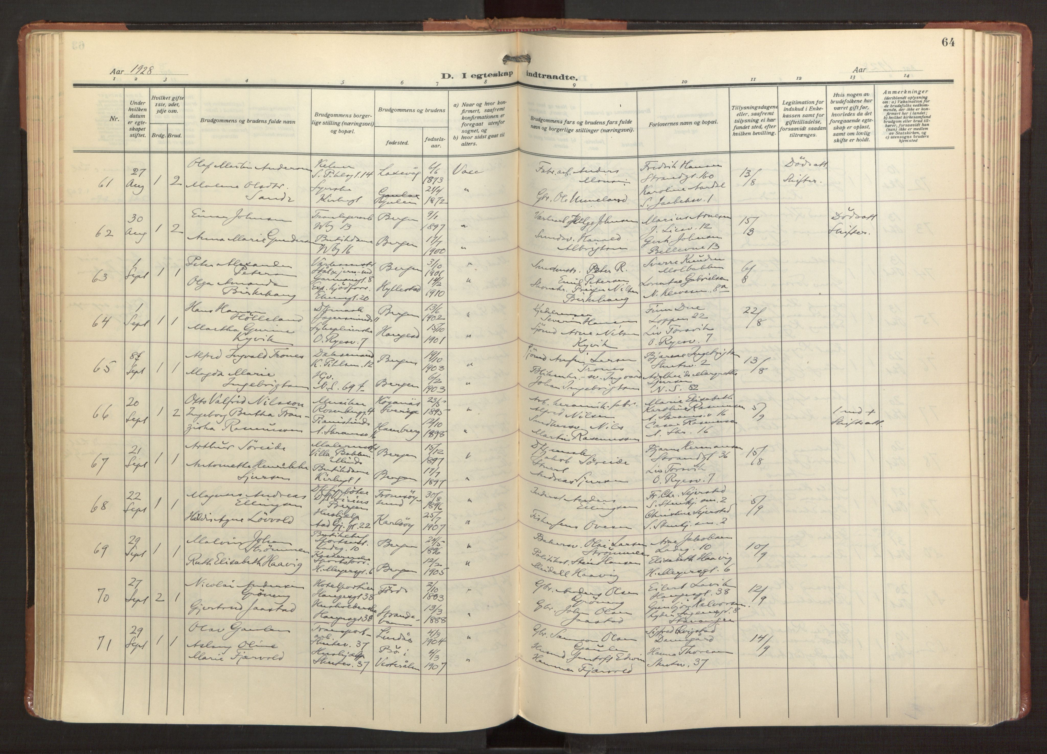 Sandviken Sokneprestembete, SAB/A-77601/H/Ha/L0016: Parish register (official) no. D 3, 1923-1940, p. 64