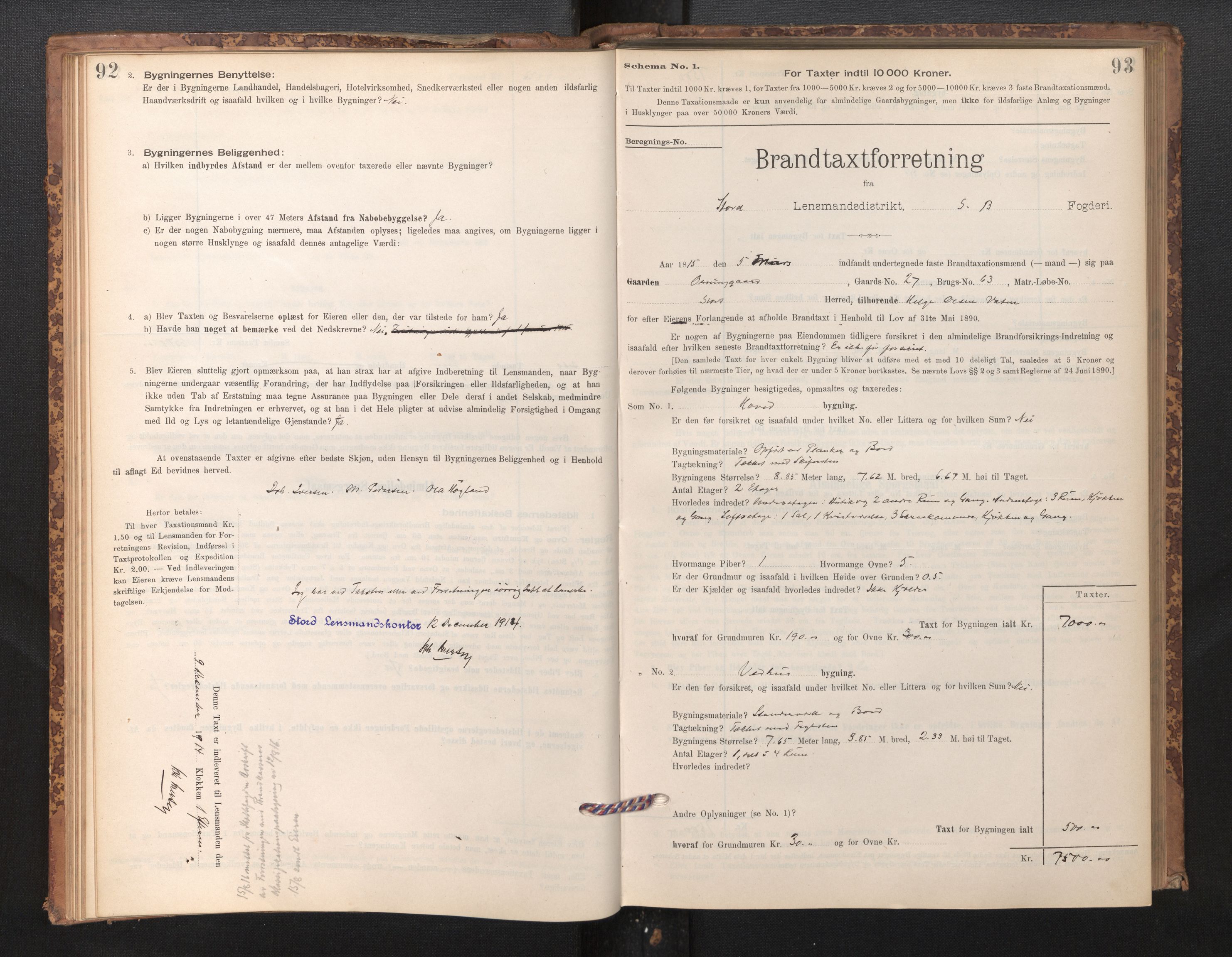 Lensmannen i Stord, AV/SAB-A-35001/0012/L0002: Branntakstprotokoll, skjematakst, 1897-1922, p. 92-93