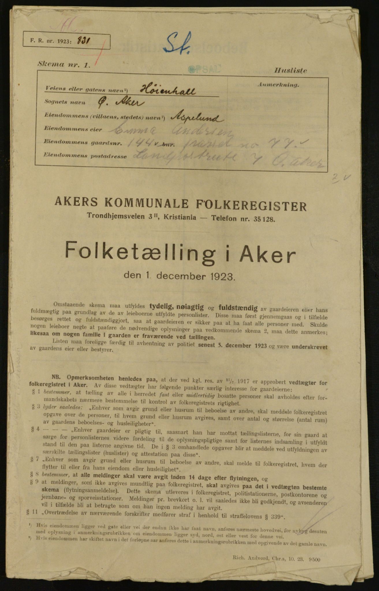 , Municipal Census 1923 for Aker, 1923, p. 27959