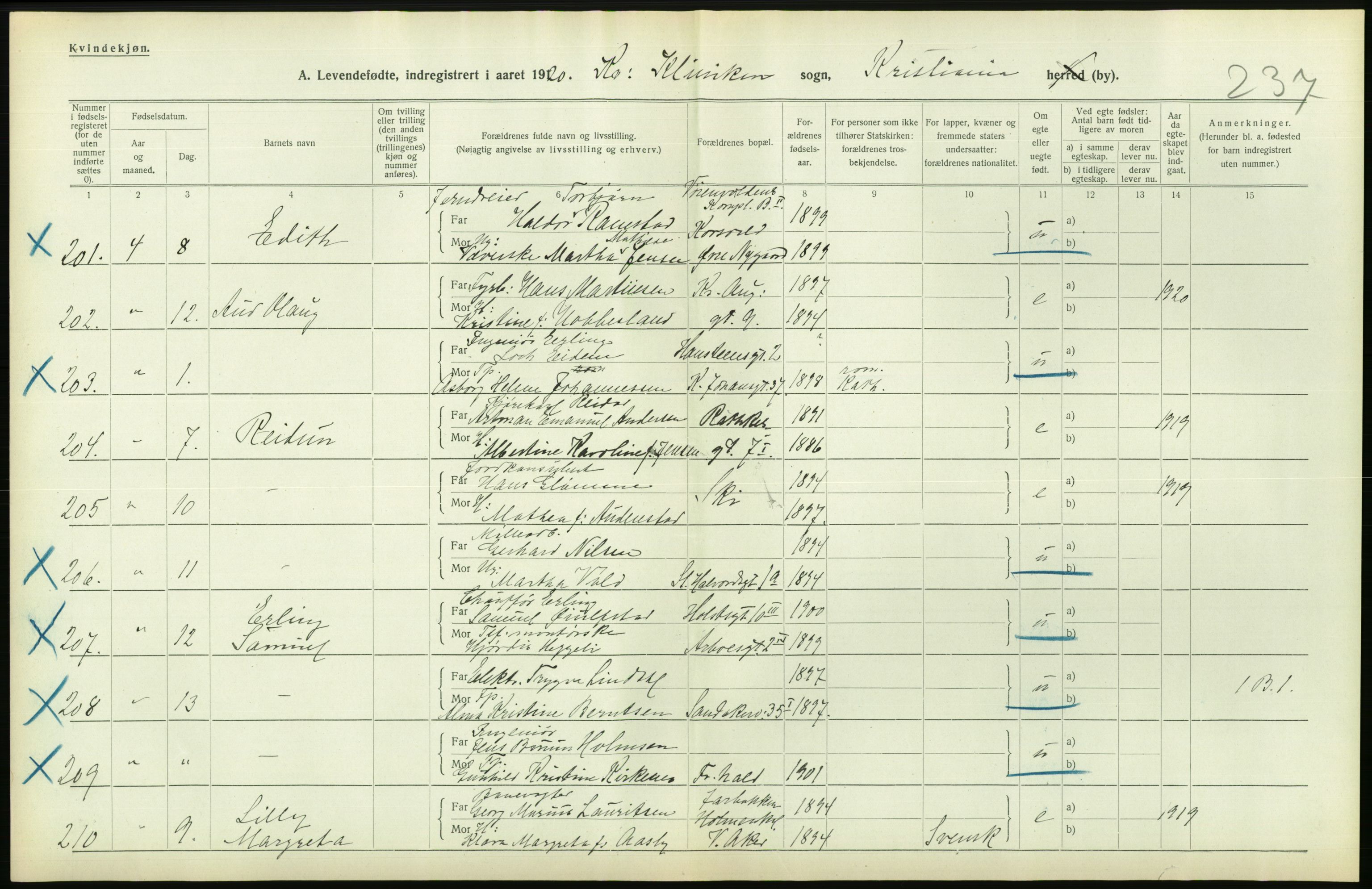 Statistisk sentralbyrå, Sosiodemografiske emner, Befolkning, AV/RA-S-2228/D/Df/Dfb/Dfbj/L0008: Kristiania: Levendefødte menn og kvinner., 1920, p. 570