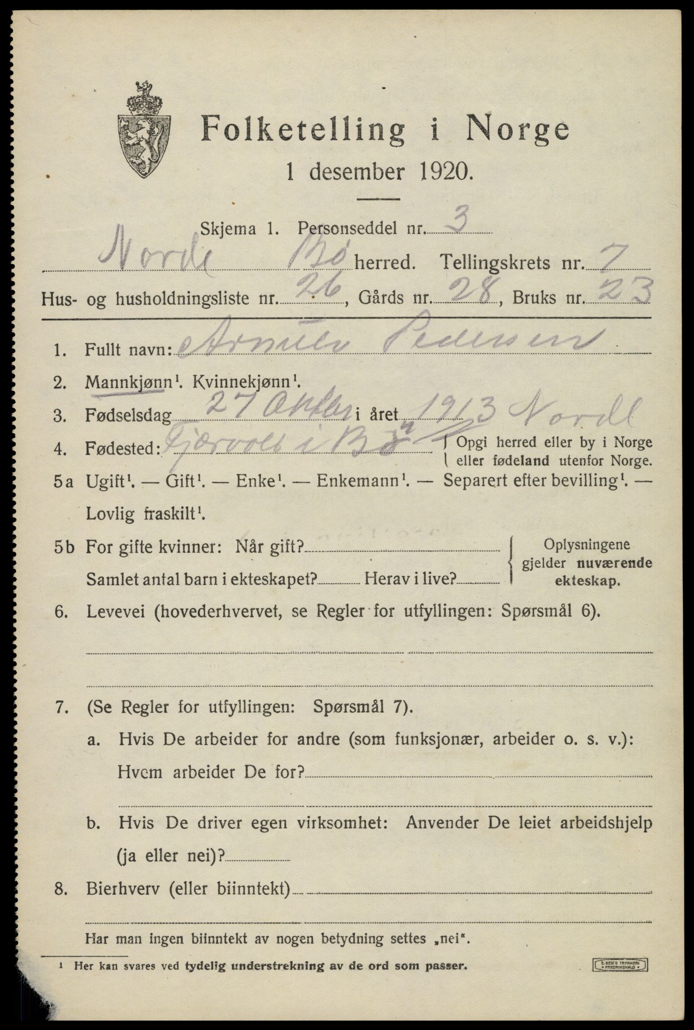 SAT, 1920 census for Bø, 1920, p. 6390