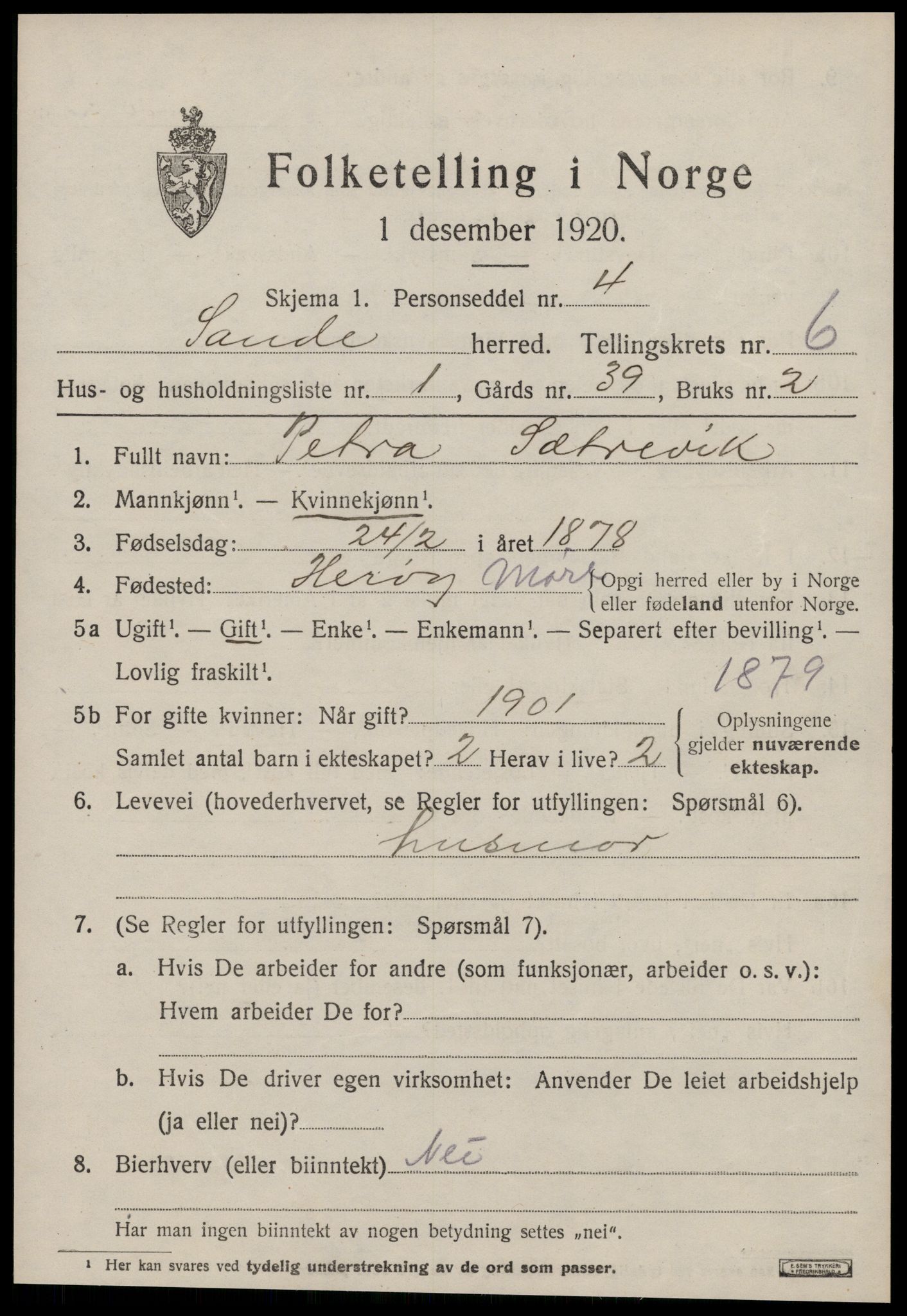 SAT, 1920 census for Sande (MR), 1920, p. 3532