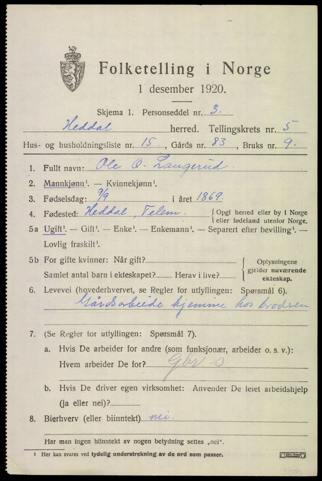 SAKO, 1920 census for Heddal, 1920, p. 4942