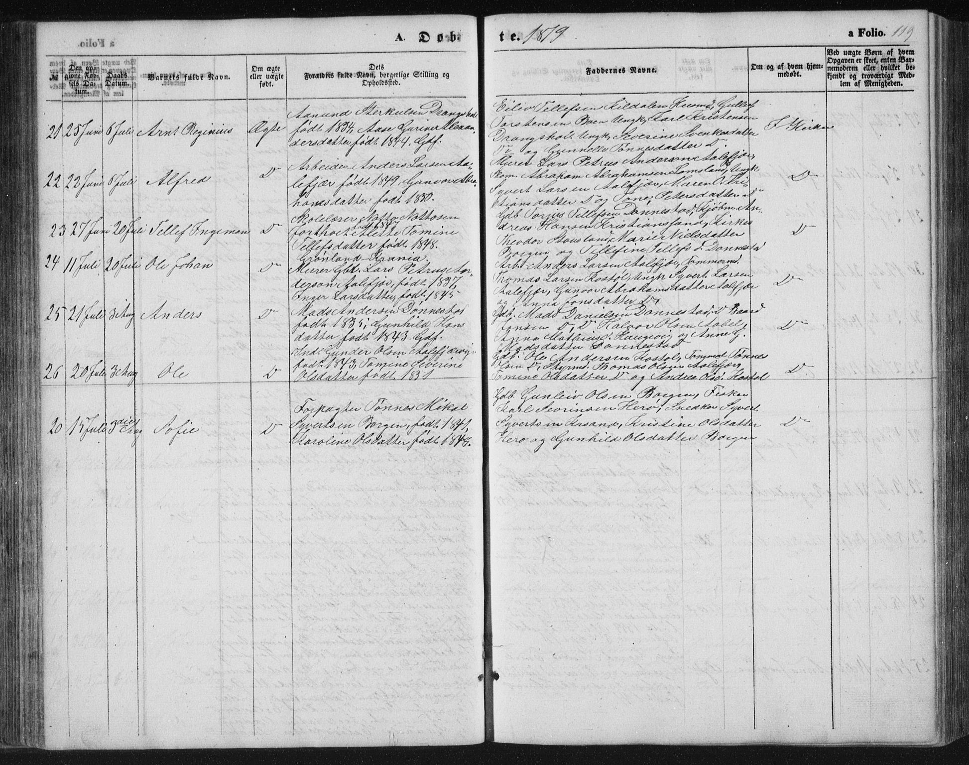 Tveit sokneprestkontor, AV/SAK-1111-0043/F/Fb/L0003: Parish register (copy) no. B 3, 1854-1886, p. 119