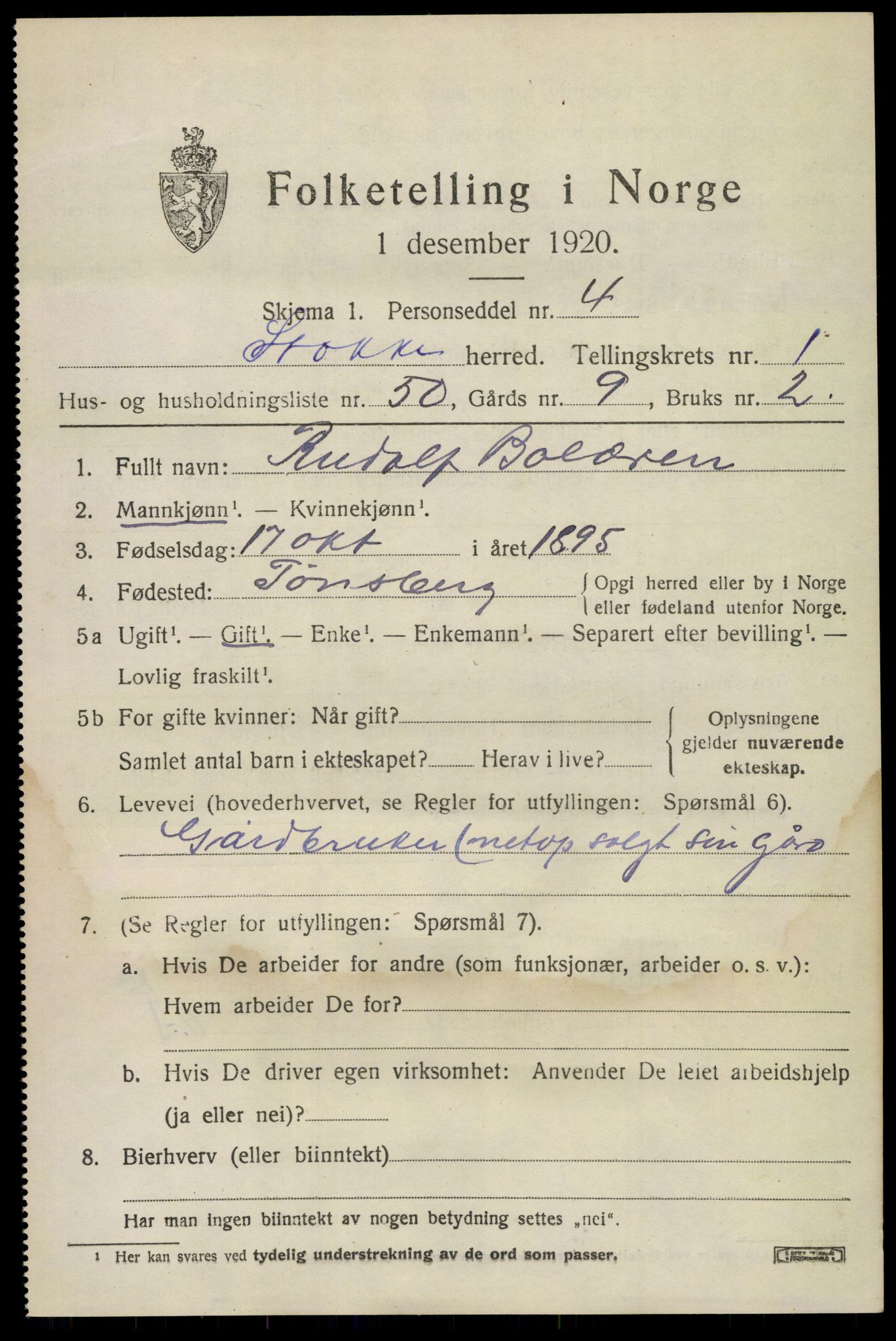 SAKO, 1920 census for Stokke, 1920, p. 2430