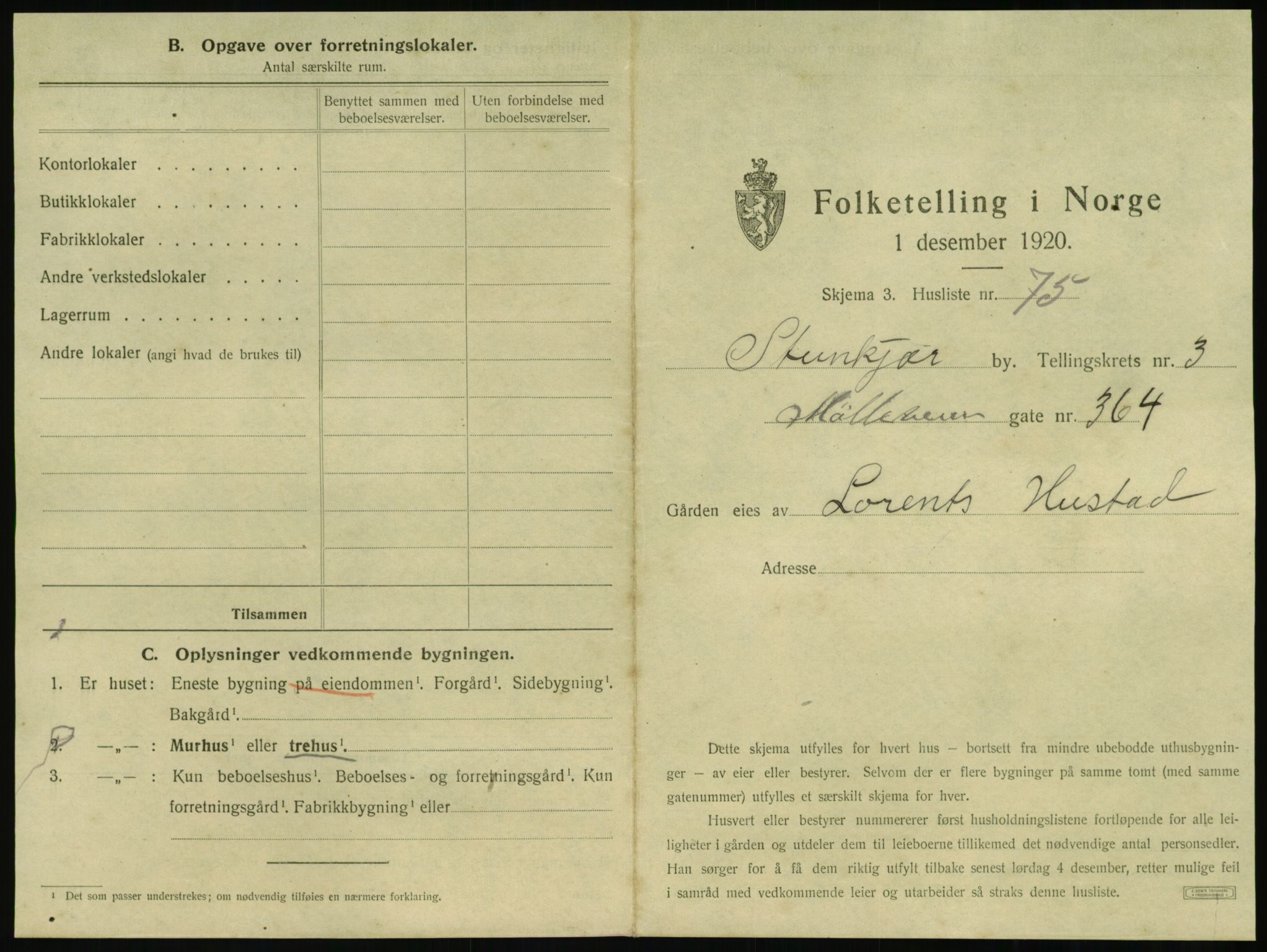 SAT, 1920 census for Steinkjer, 1920, p. 564