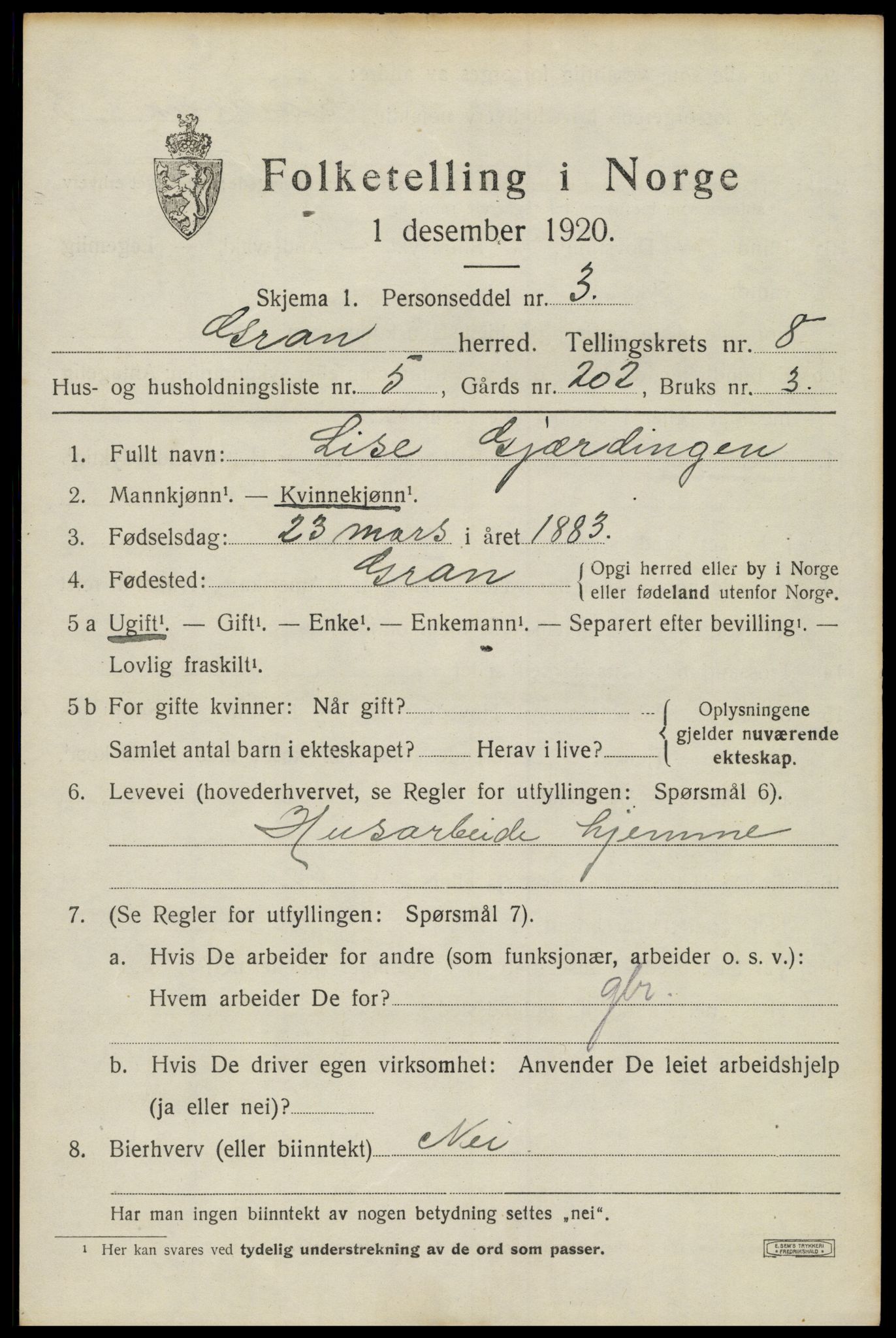 SAH, 1920 census for Gran, 1920, p. 10536