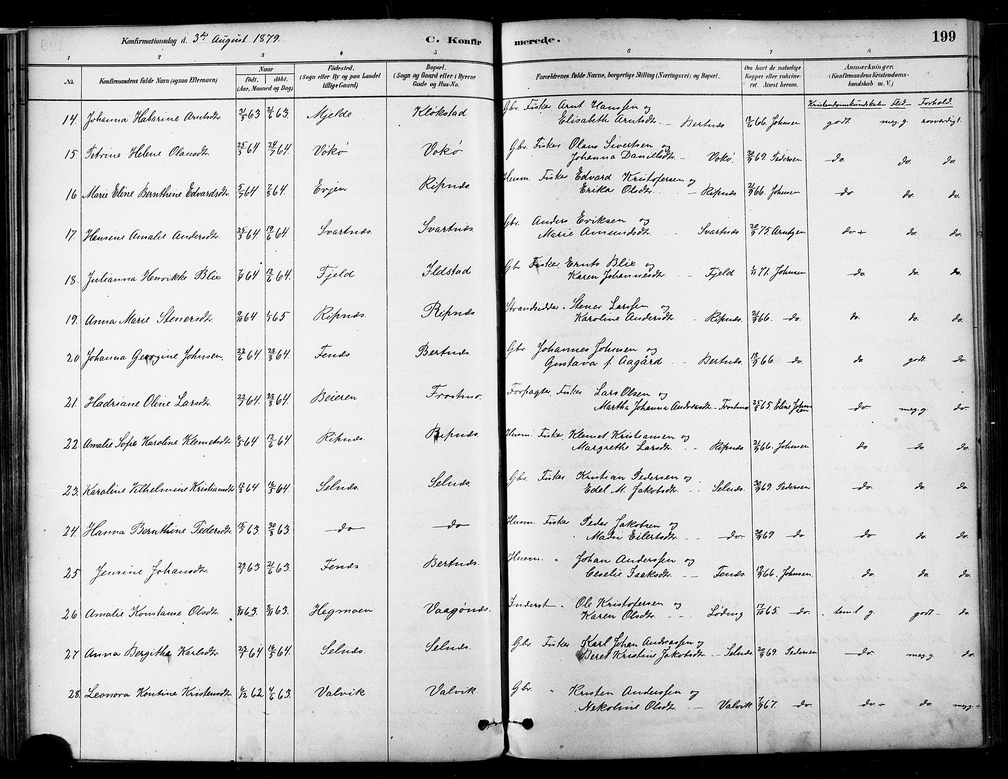 Ministerialprotokoller, klokkerbøker og fødselsregistre - Nordland, SAT/A-1459/802/L0054: Parish register (official) no. 802A01, 1879-1893, p. 199