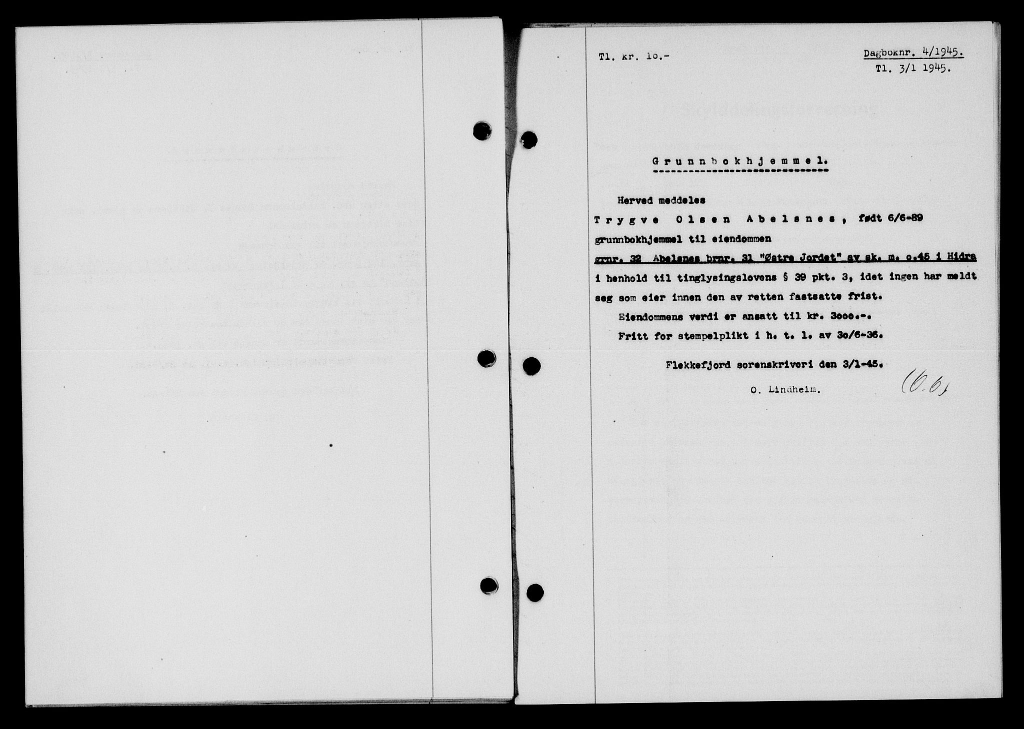 Flekkefjord sorenskriveri, SAK/1221-0001/G/Gb/Gba/L0059: Mortgage book no. A-7, 1944-1945, Diary no: : 4/1945