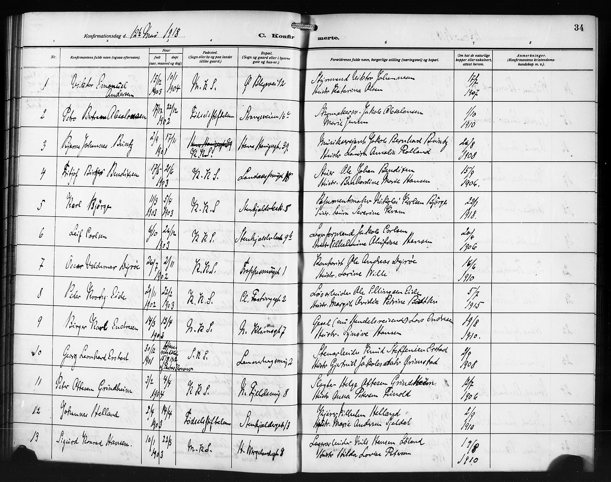 Korskirken sokneprestembete, SAB/A-76101/H/Haa/L0072: Curate's parish register no. A 7, 1913-1920, p. 34