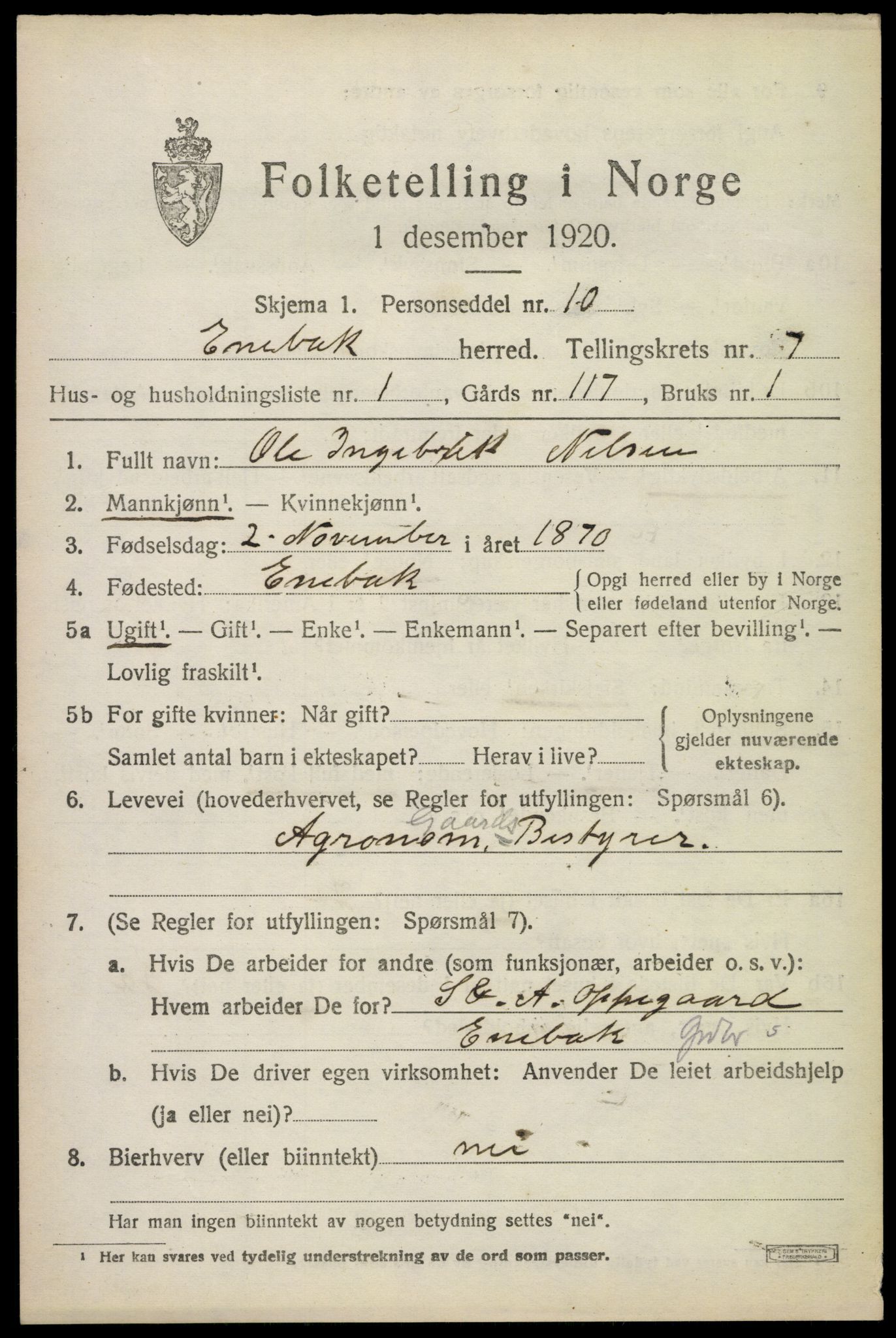 SAO, 1920 census for Enebakk, 1920, p. 6103