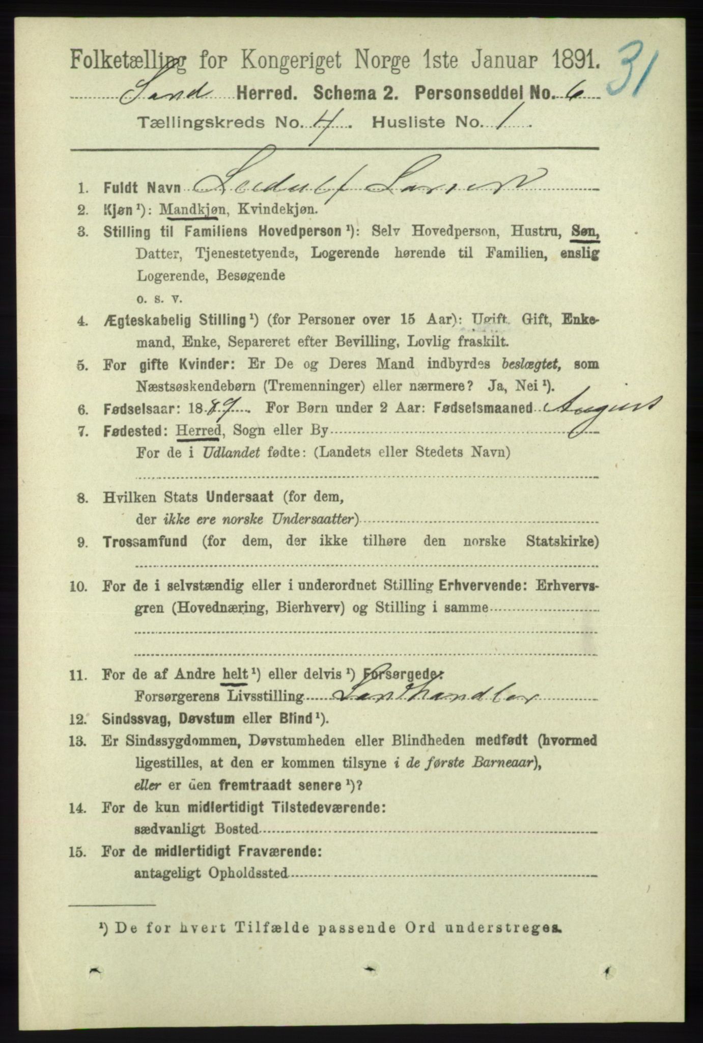 RA, 1891 census for 1136 Sand, 1891, p. 1211