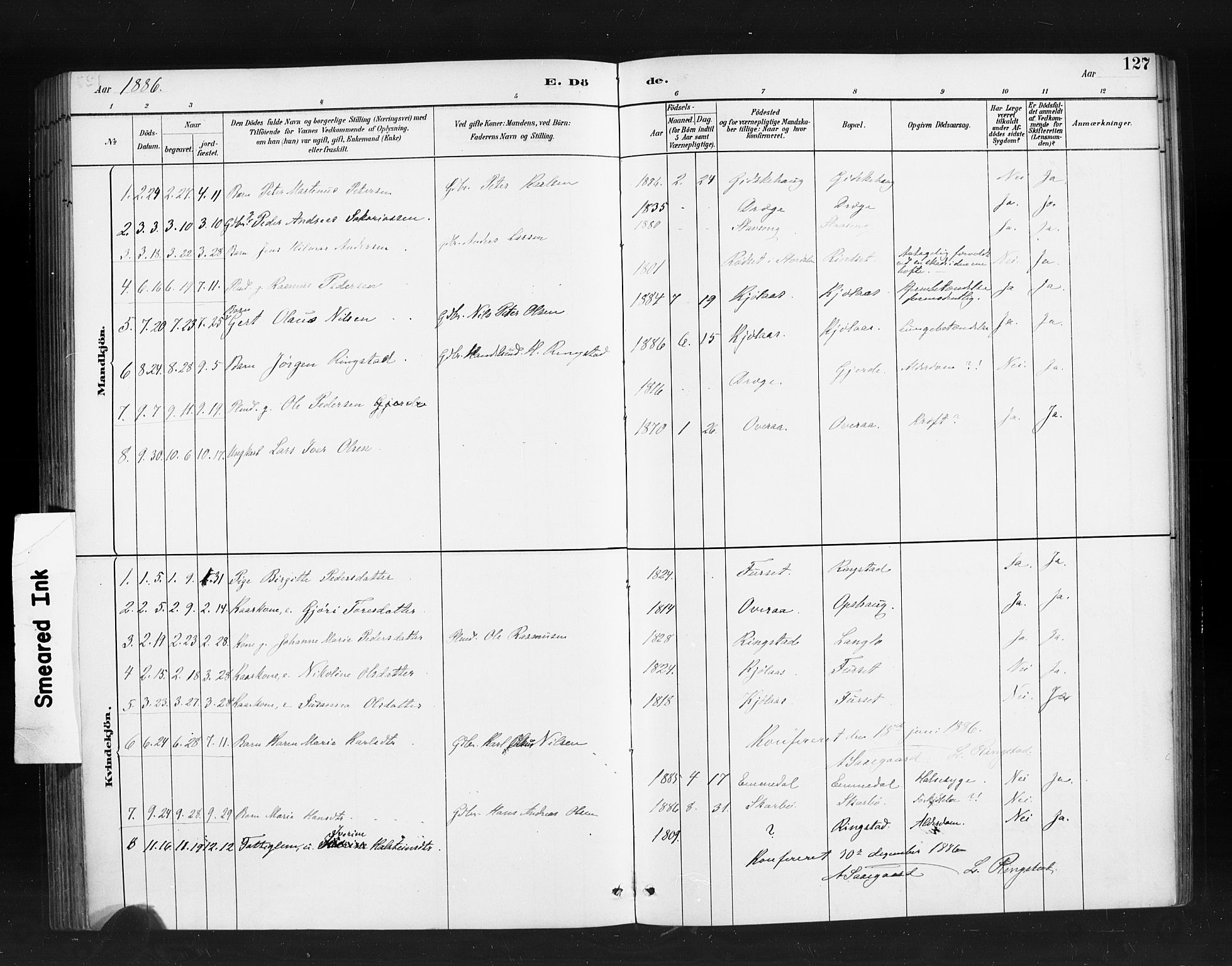 Ministerialprotokoller, klokkerbøker og fødselsregistre - Møre og Romsdal, SAT/A-1454/520/L0283: Parish register (official) no. 520A12, 1882-1898, p. 127