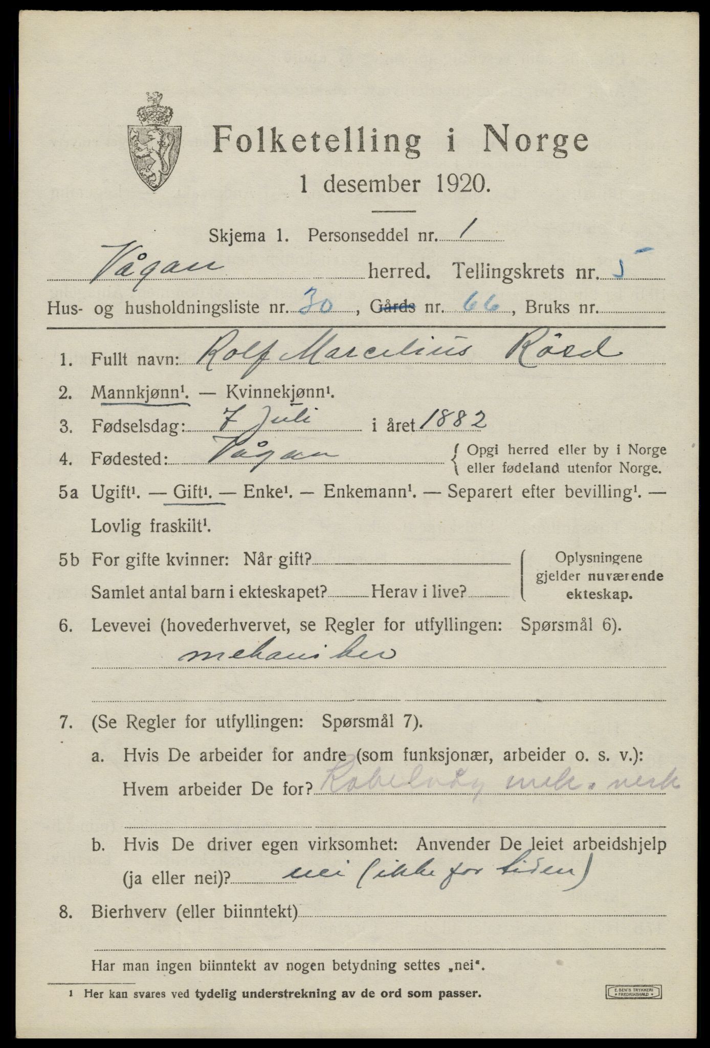 SAT, 1920 census for Vågan, 1920, p. 5509