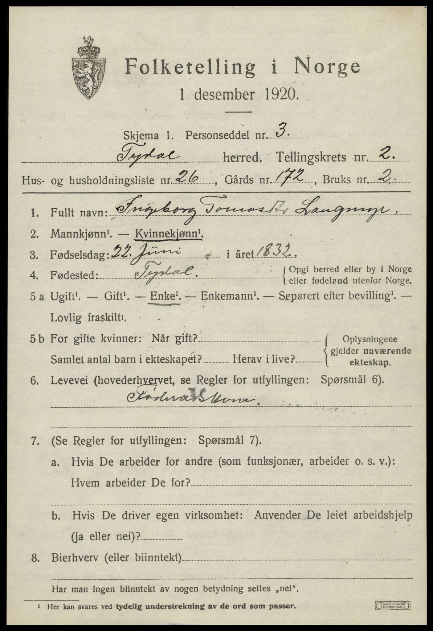 SAT, 1920 census for Tydal, 1920, p. 873