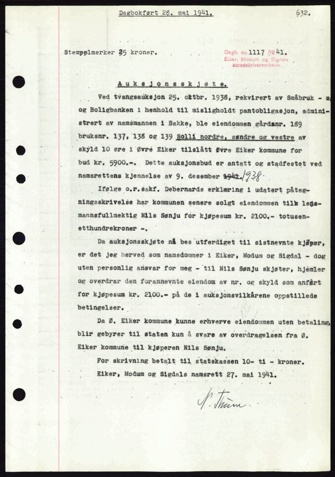 Eiker, Modum og Sigdal sorenskriveri, SAKO/A-123/G/Ga/Gab/L0043: Mortgage book no. A13, 1940-1941, Diary no: : 1117/1941
