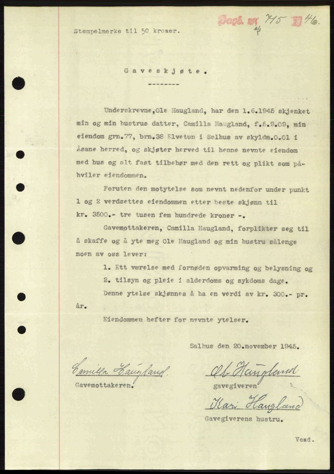 Nordhordland sorenskrivar, AV/SAB-A-2901/1/G/Gb/Gbf/L0026b: Mortgage book no. A26b, 1946-1946, Diary no: : 715/1946