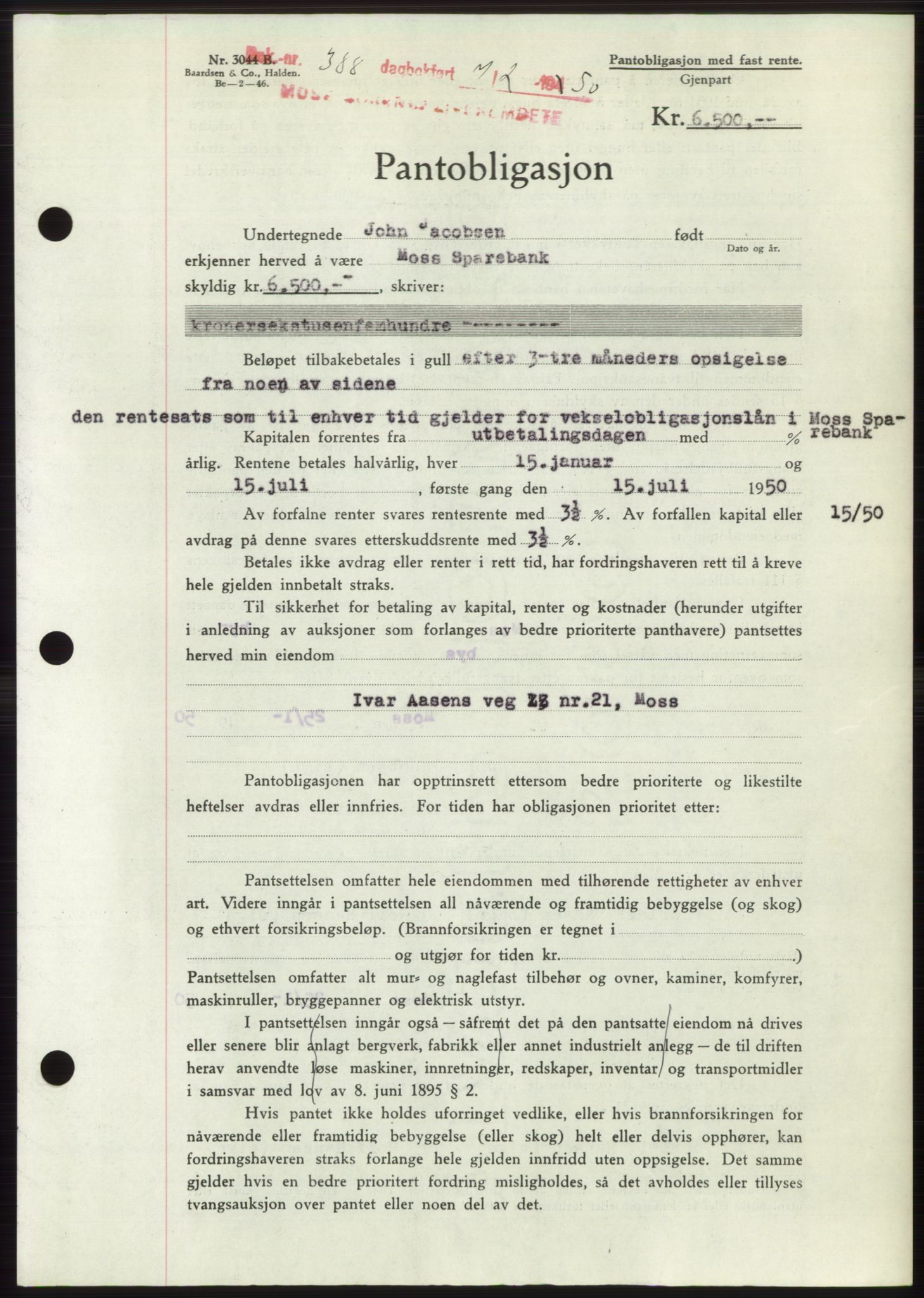 Moss sorenskriveri, SAO/A-10168: Mortgage book no. B23, 1949-1950, Diary no: : 388/1950