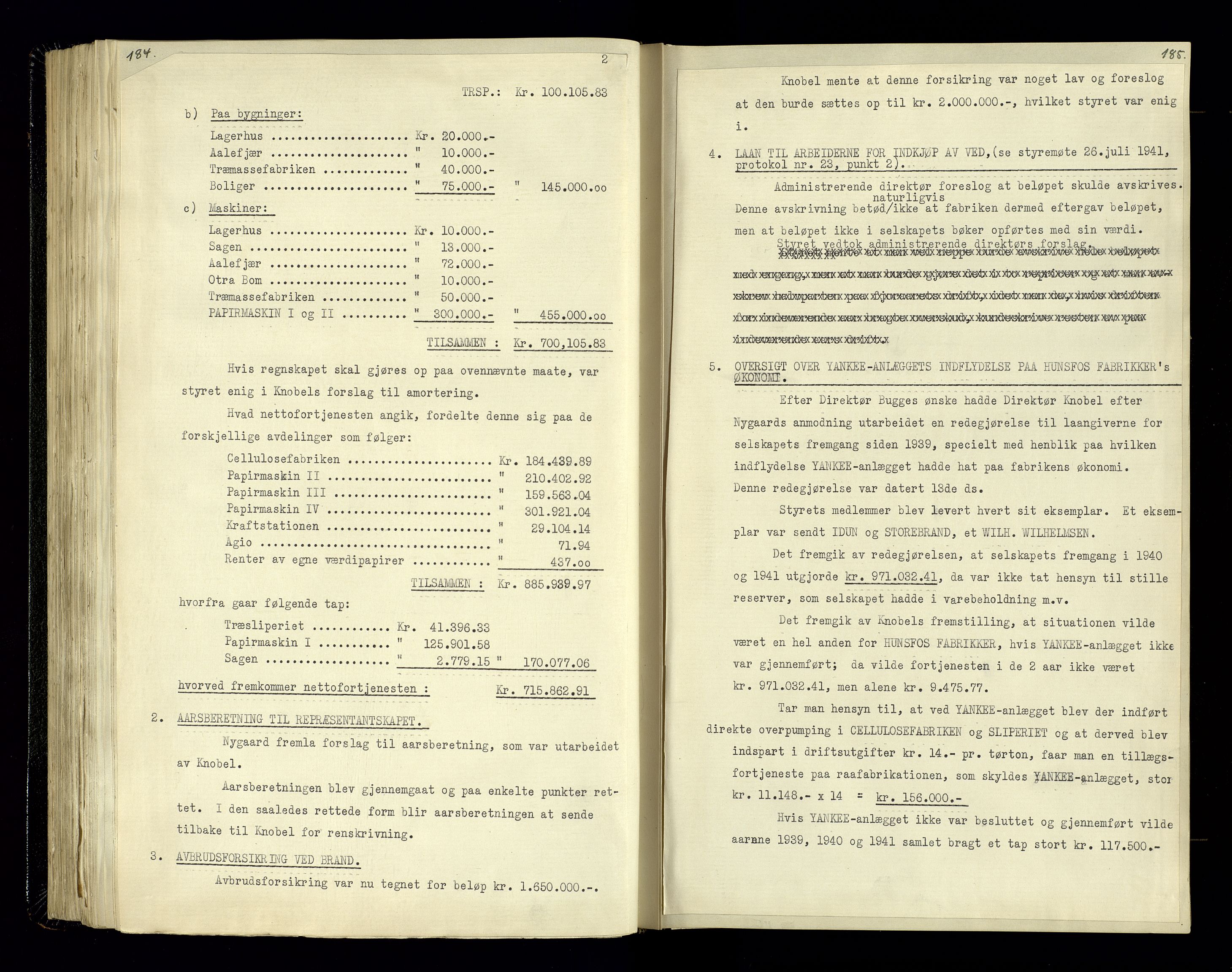 Hunsfos fabrikker, AV/SAK-D/1440/02/L0006: Referatprotokoll fra styremøter, 1938-1950, p. 184-185