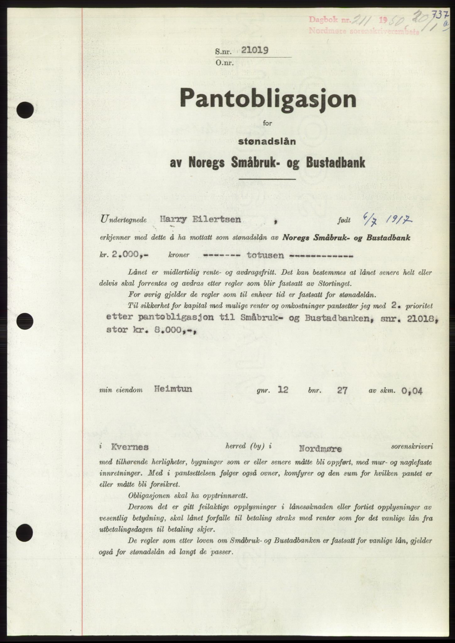 Nordmøre sorenskriveri, AV/SAT-A-4132/1/2/2Ca: Mortgage book no. B103, 1949-1950, Diary no: : 211/1950