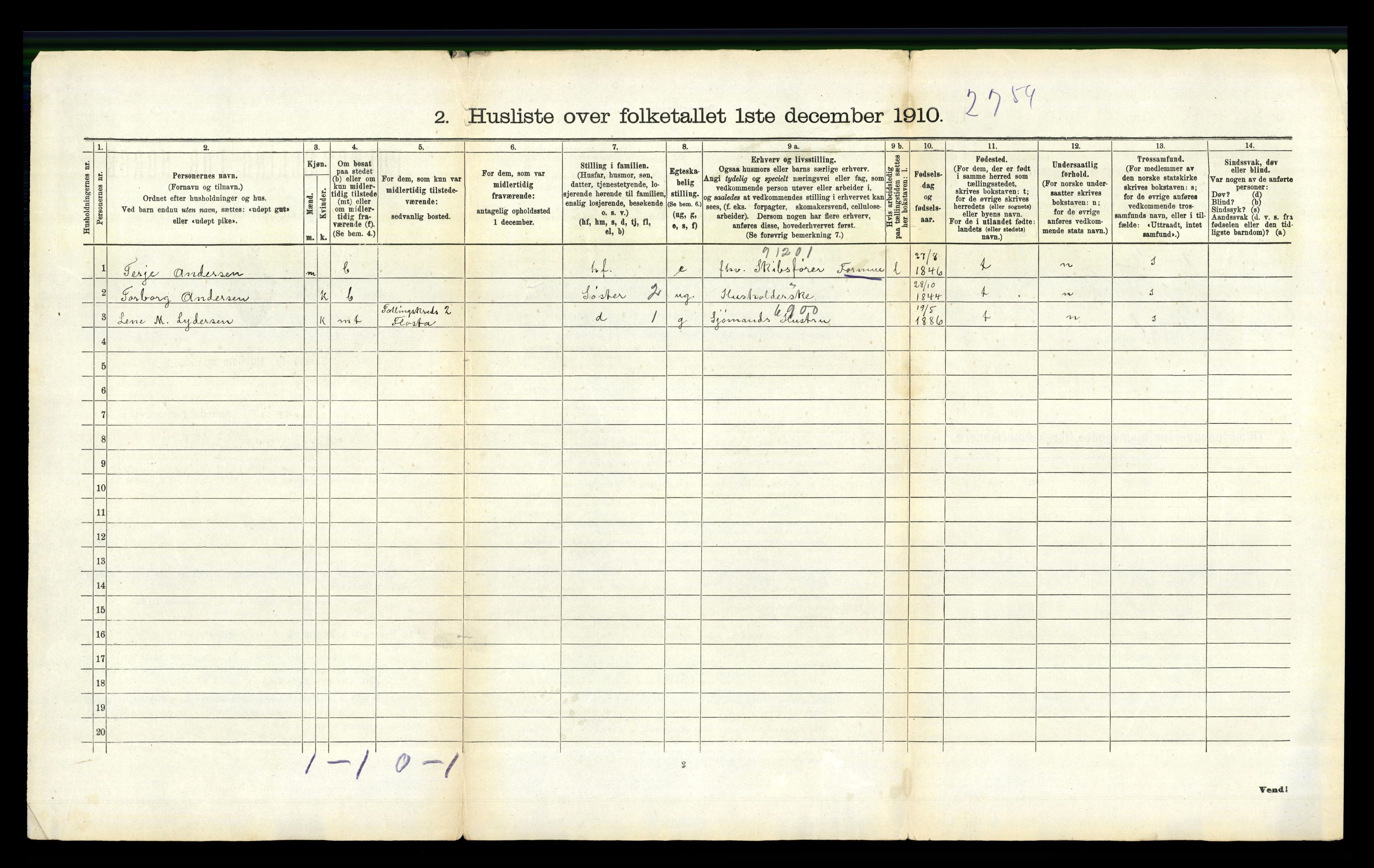 RA, 1910 census for Flosta, 1910, p. 482
