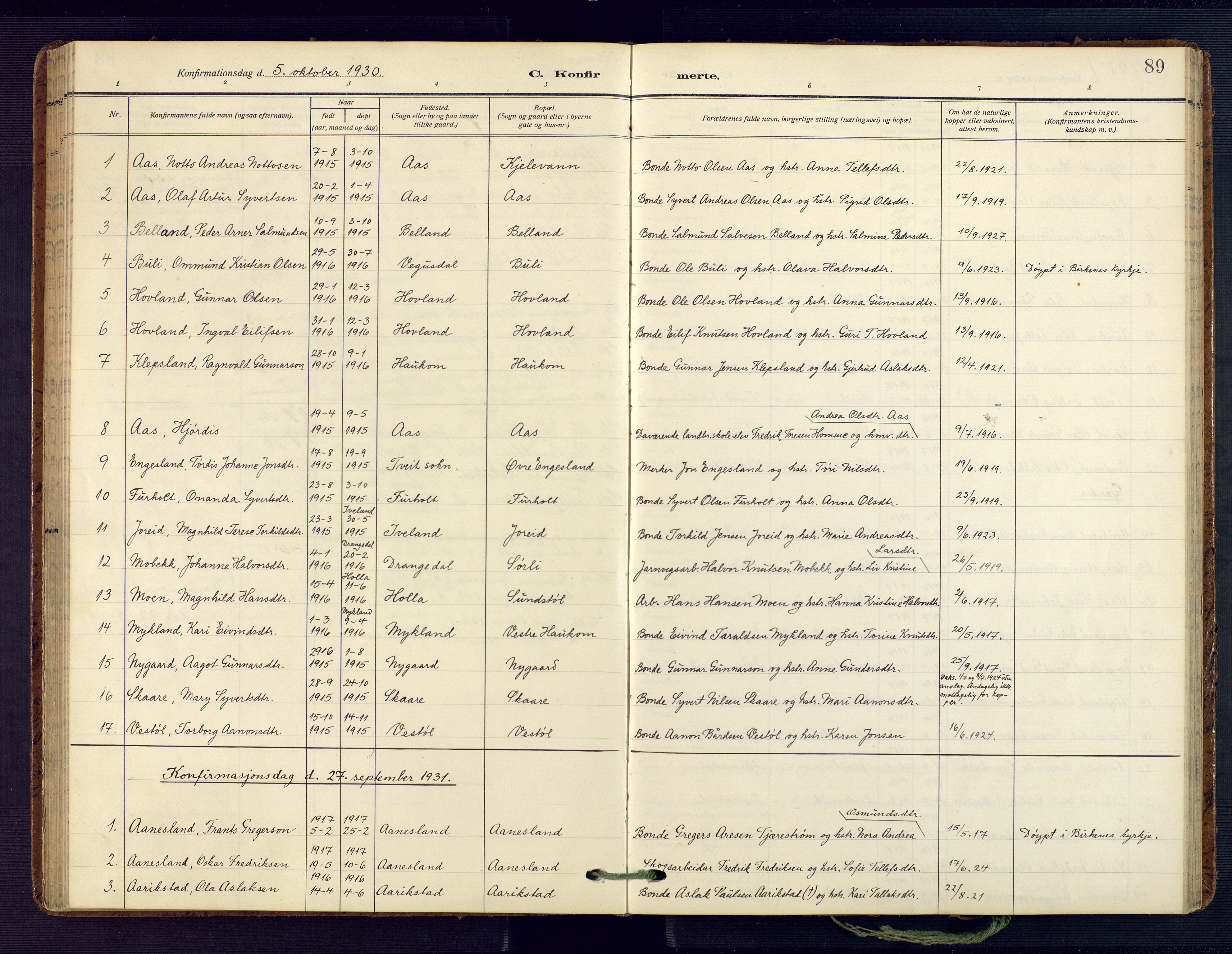 Herefoss sokneprestkontor, SAK/1111-0019/F/Fa/Fab/L0005: Parish register (official) no. A 5, 1910-1932, p. 89