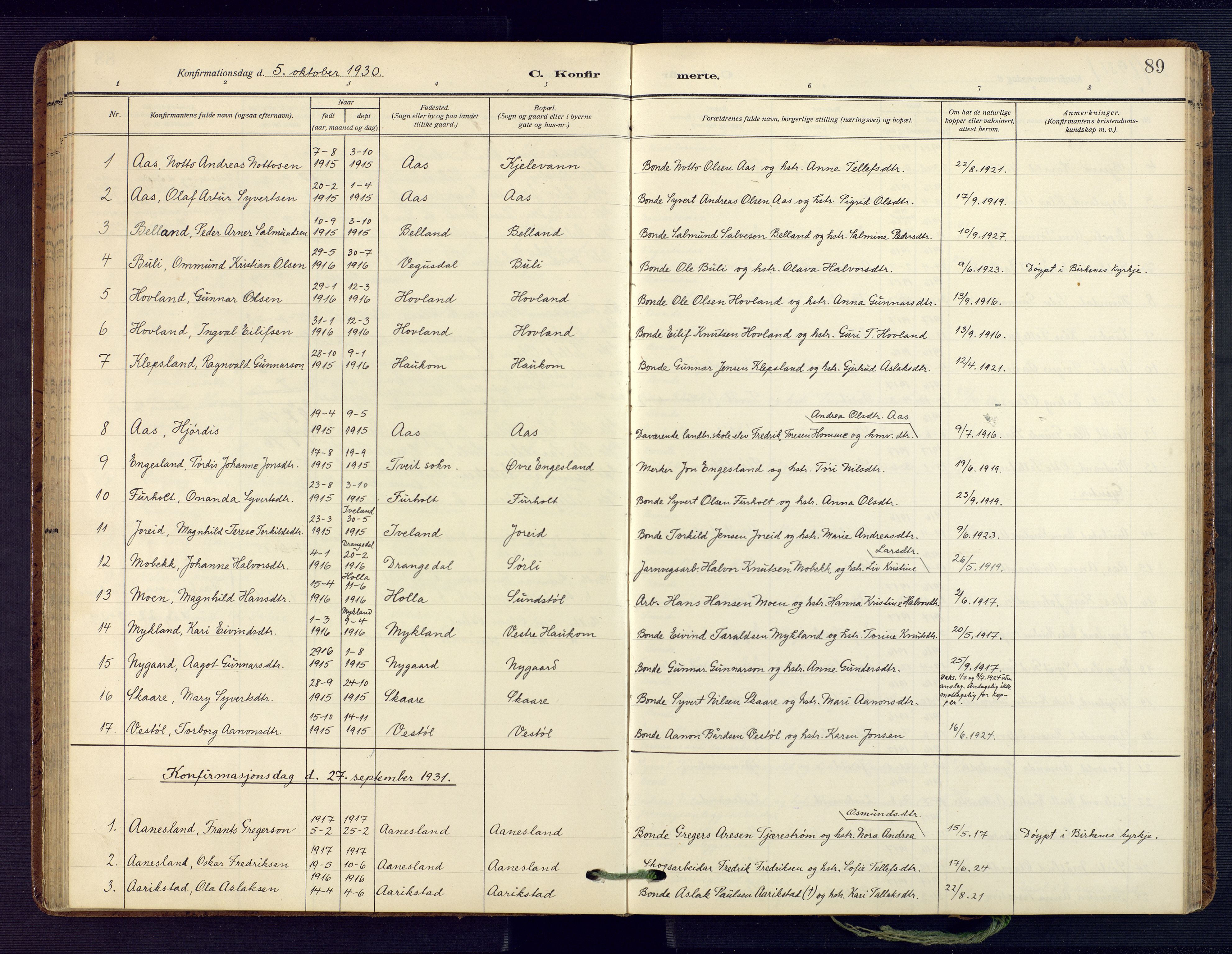 Herefoss sokneprestkontor, AV/SAK-1111-0019/F/Fa/Fab/L0005: Parish register (official) no. A 5, 1910-1932, p. 89