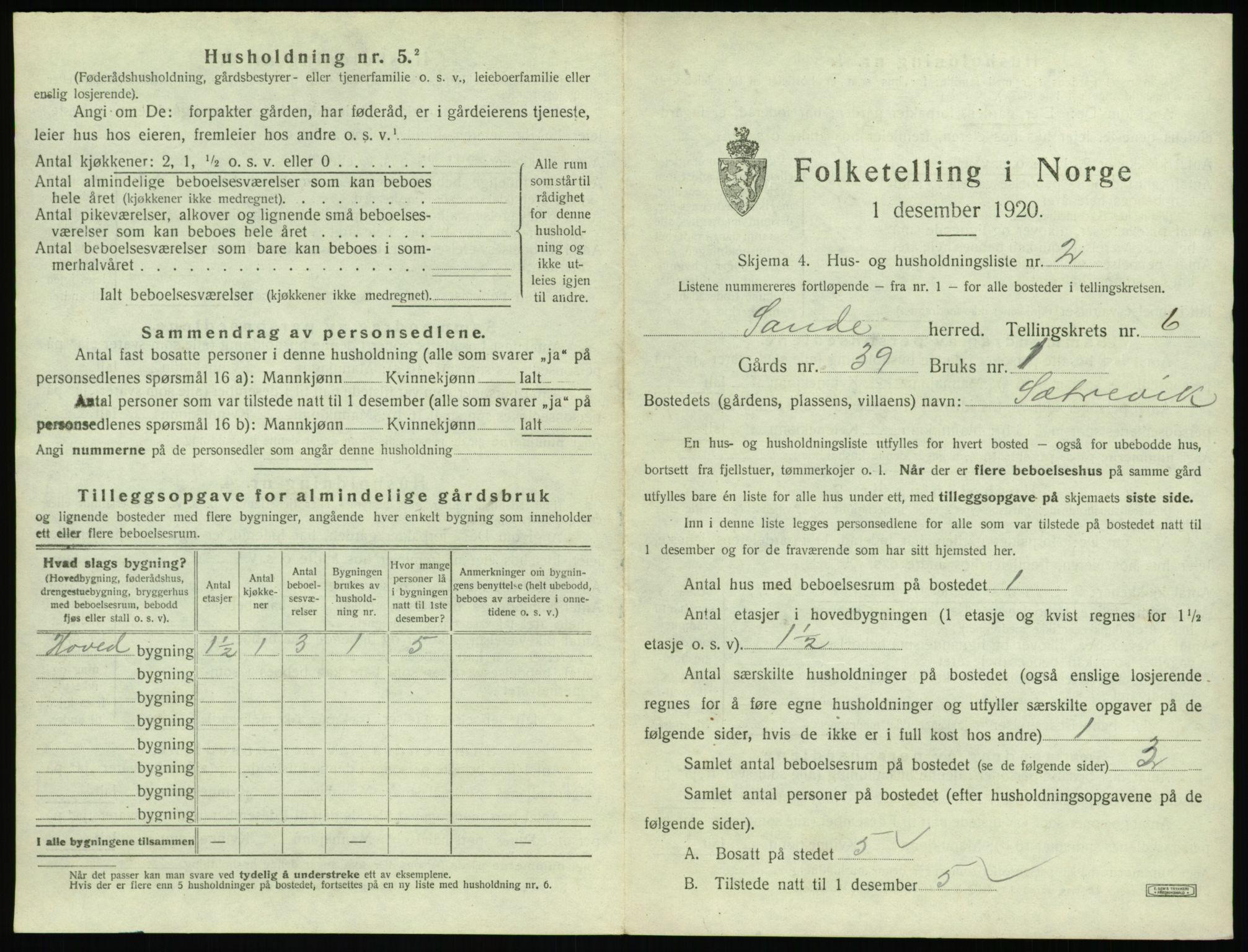 SAT, 1920 census for Sande (MR), 1920, p. 458