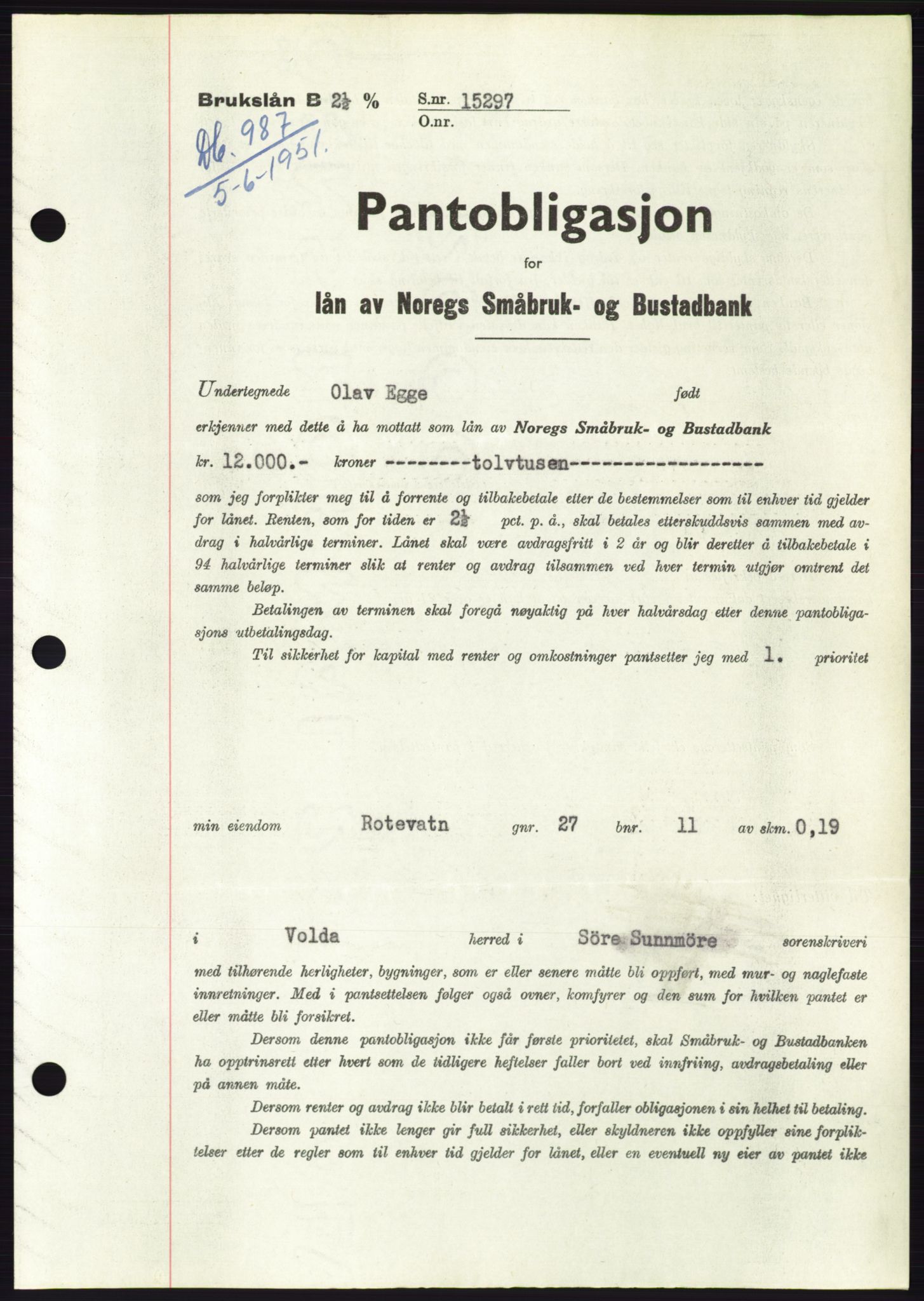 Søre Sunnmøre sorenskriveri, AV/SAT-A-4122/1/2/2C/L0120: Mortgage book no. 8B, 1951-1951, Diary no: : 987/1951